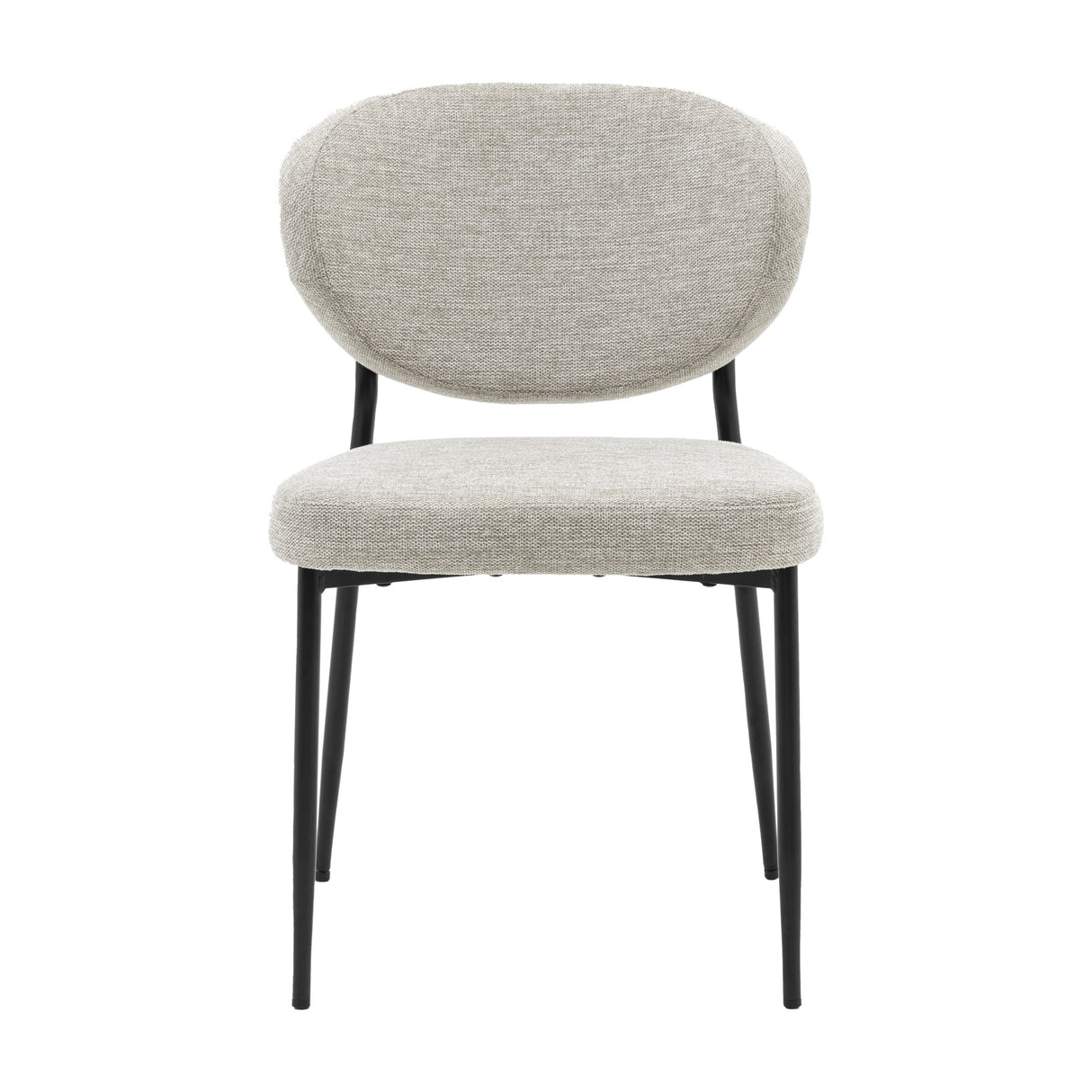 Gallery Direct Opvenne dining chair in natural woven polyester with a rounded padded back and seat on slim tapered black iron legs.