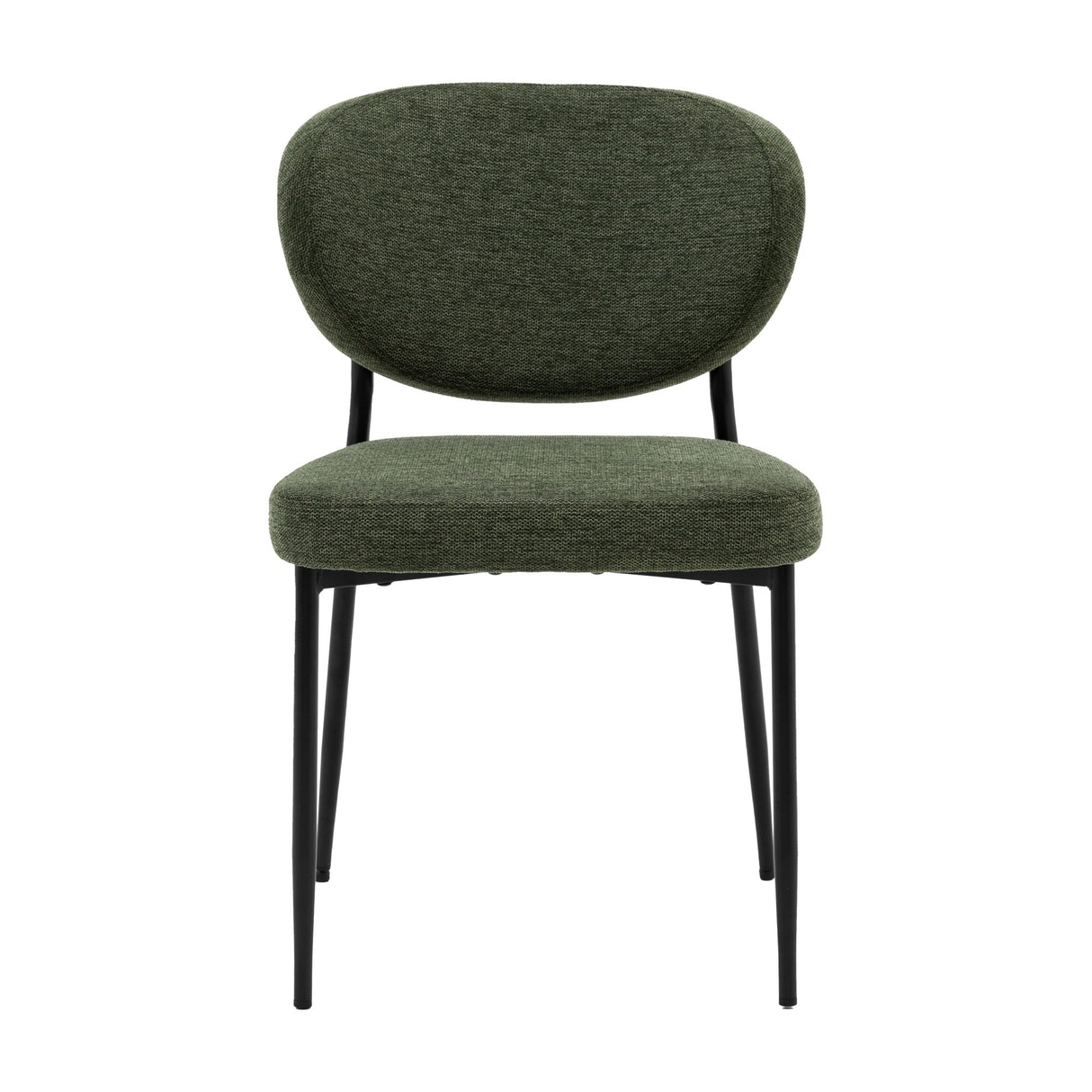 Gallery Direct Opvenne dining chair in green woven polyester with a rounded padded back, cushioned seat and slim tapered black iron legs.