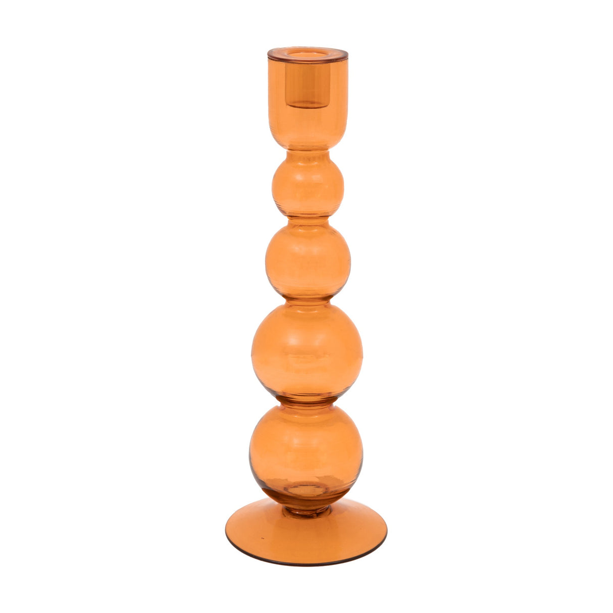 Gallery Direct Vilvenne Glass Taper Candlestick in amber tinted glass with a graduated bubble-form stem and broad flat foot on a white background.