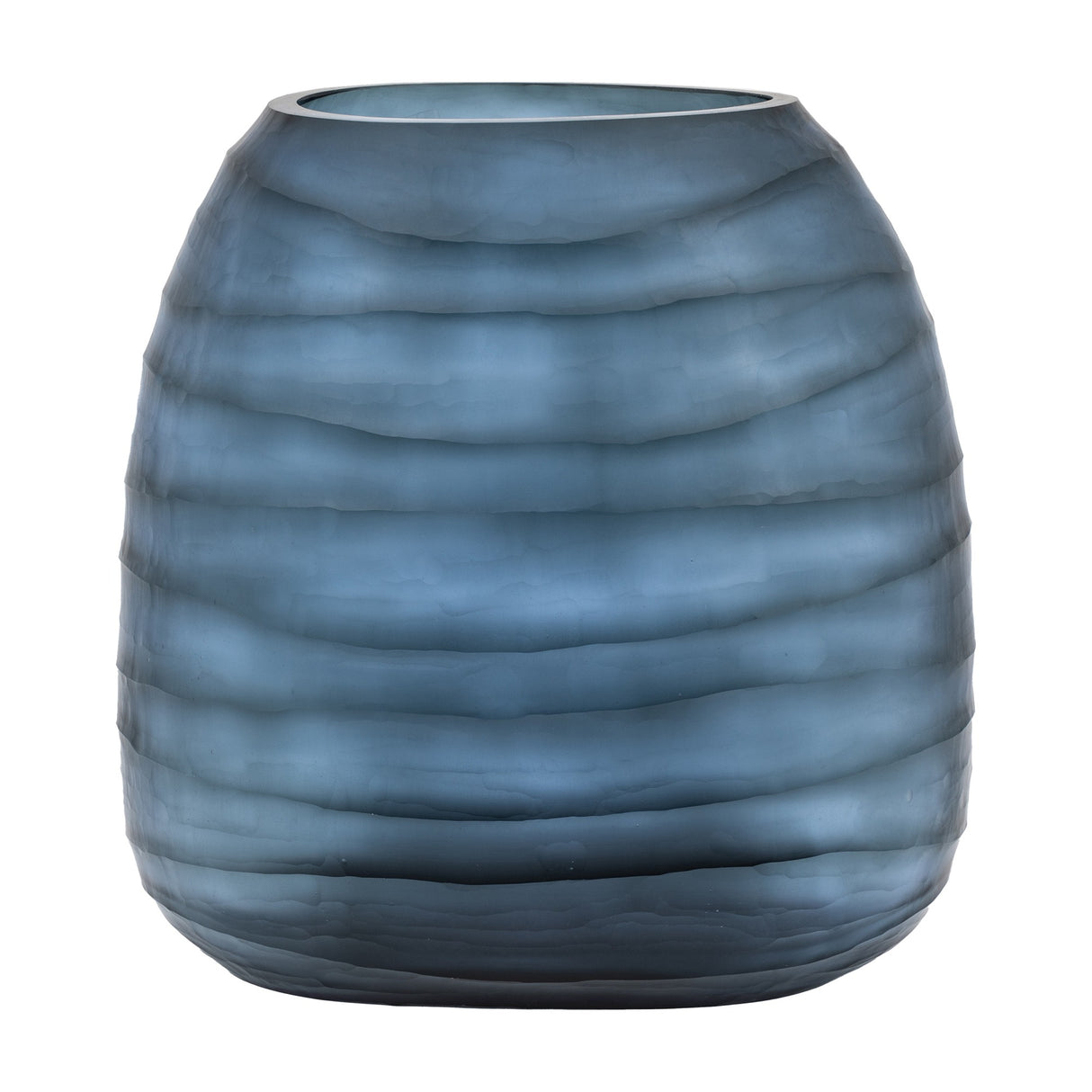 Gallery Direct Sintvane handblown glass vase in ink blue, with hand-carved horizontal ridges and a frosted matt finish, on a white background.