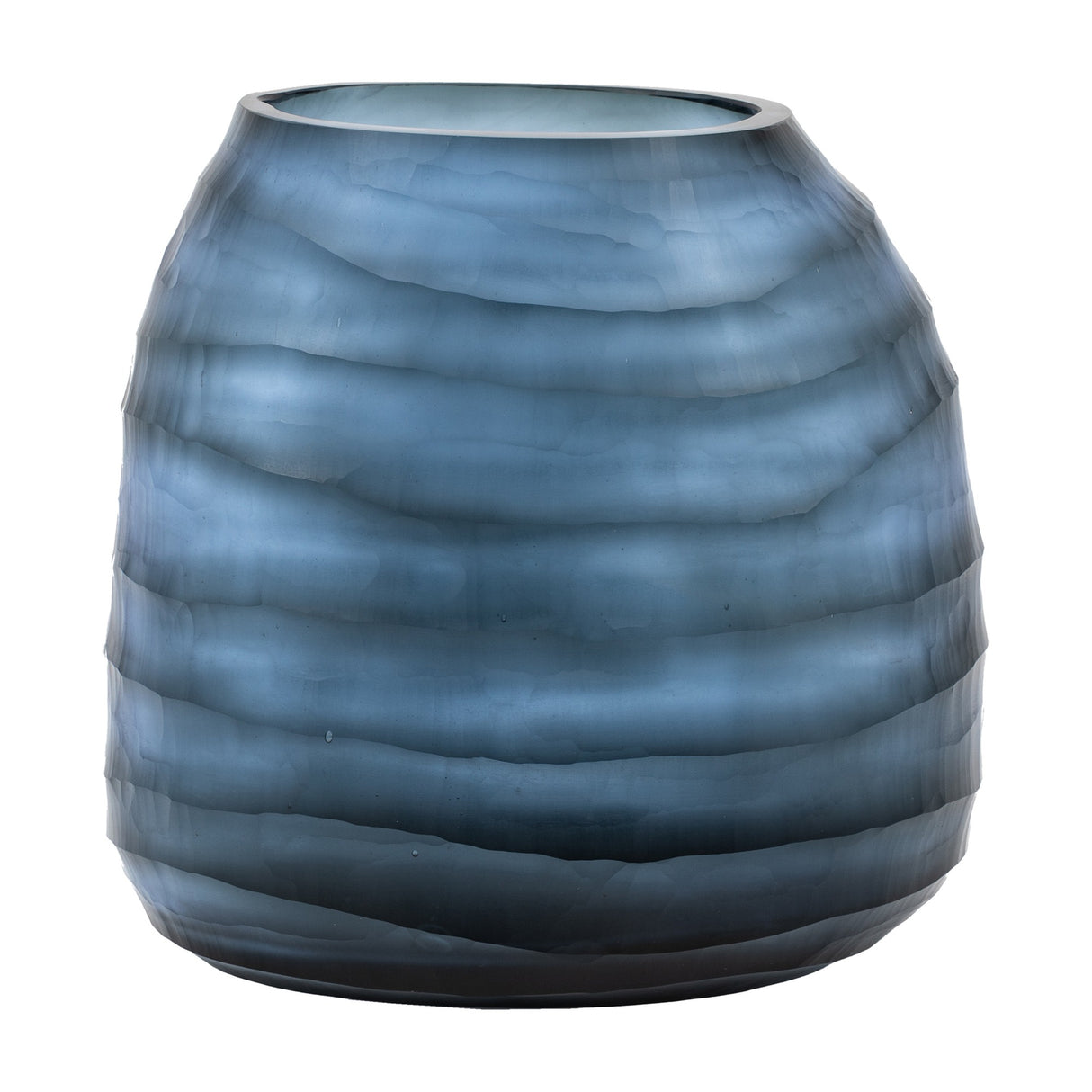 Gallery Direct Sintvane handblown glass vase in Ink blue with hand-carved frosted ridges and a rounded barrel form, on a white background.