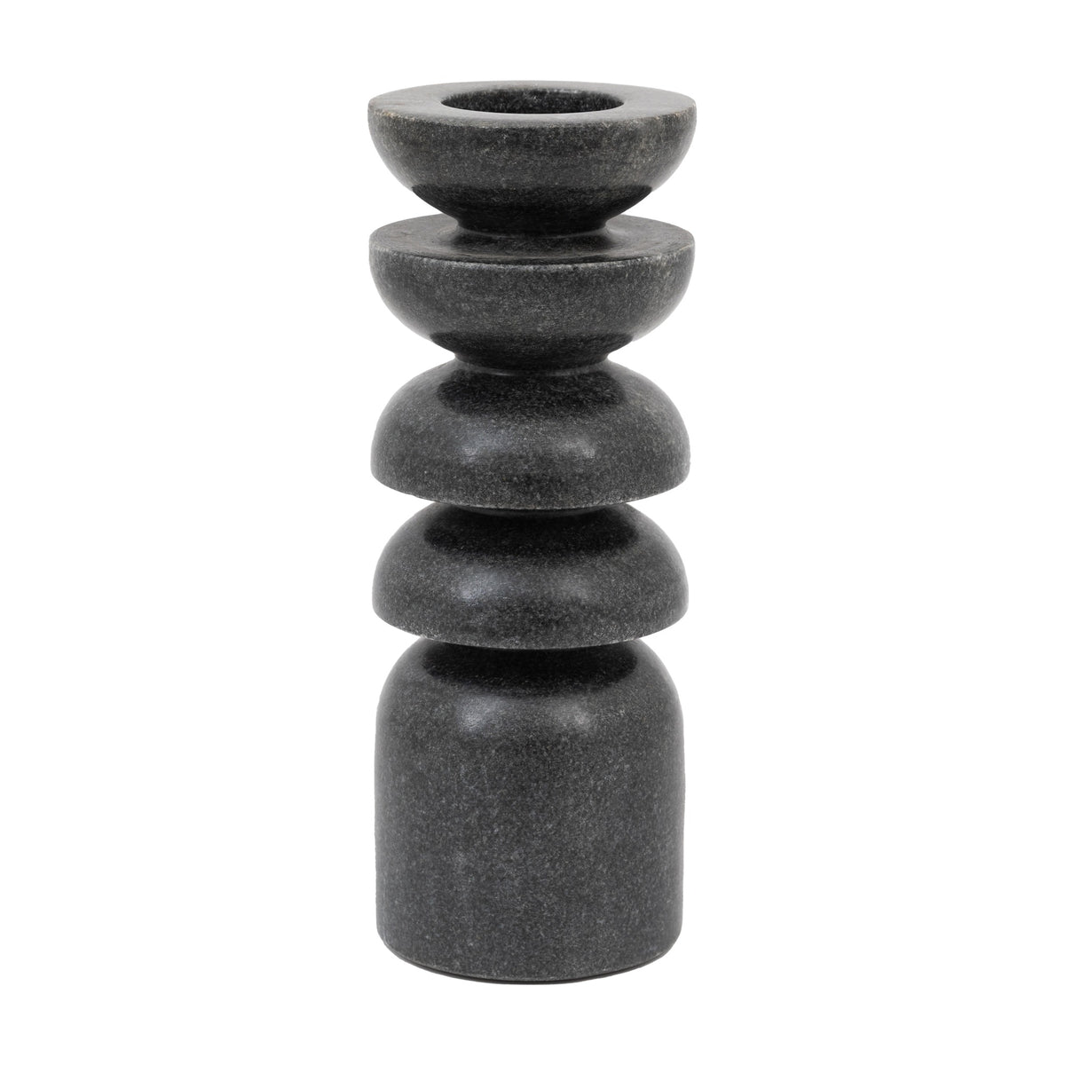 Gallery Direct Azuvane grey marble tealight candlestick with sculptural stacked rounded tiers and a shallow well at the top, on a white background.