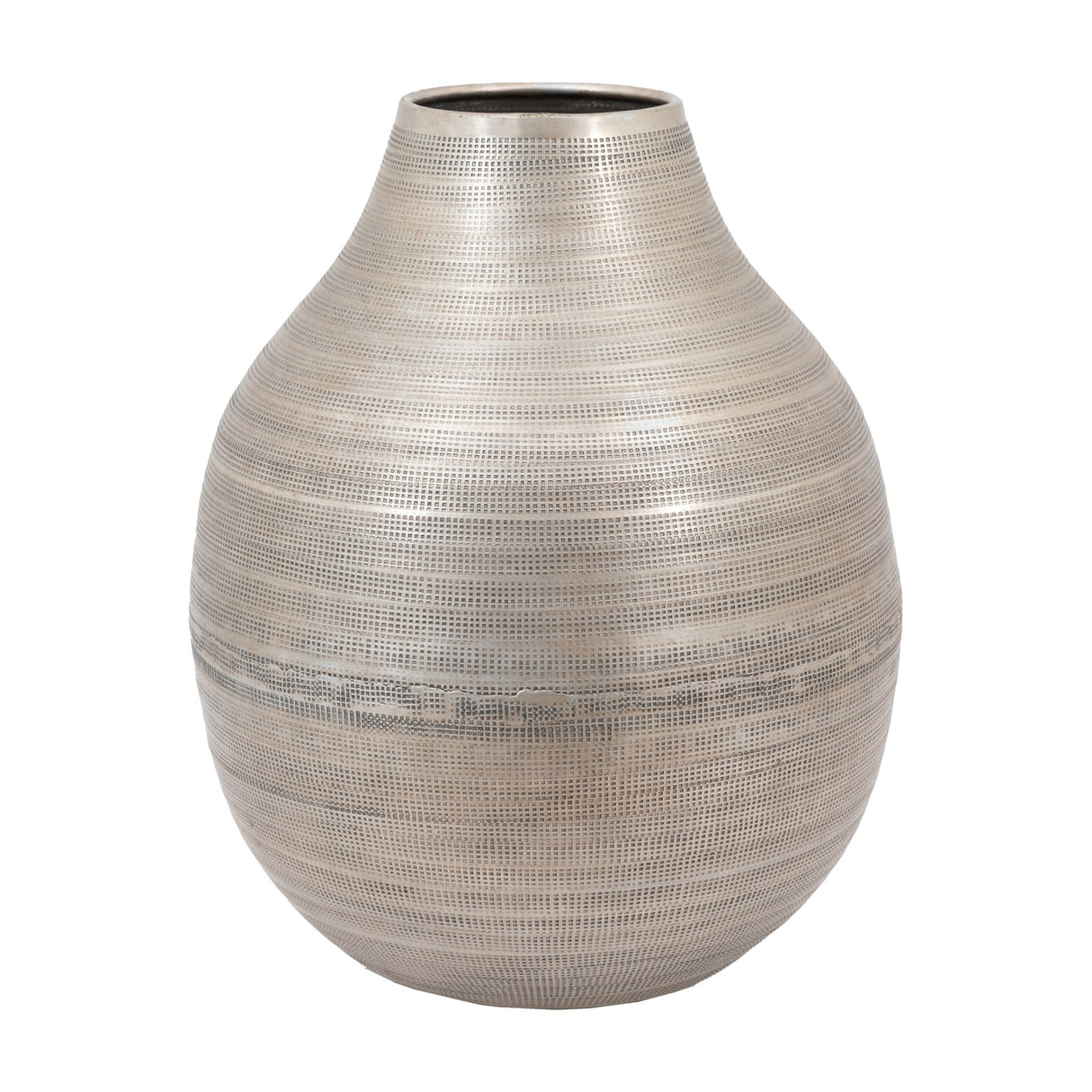 Gallery Direct Zaharvane Hammered Metal Vase in antique silver aluminium with a rounded body, woven-effect texture and short open neck on a white background.