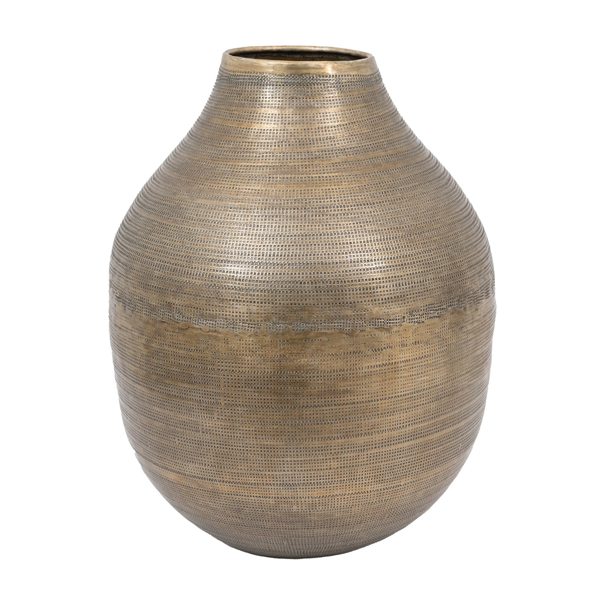 Gallery Direct Zaharvane hammered aluminium vase in antique brass with a rounded body, short open neck and woven-effect texture, on a white background.