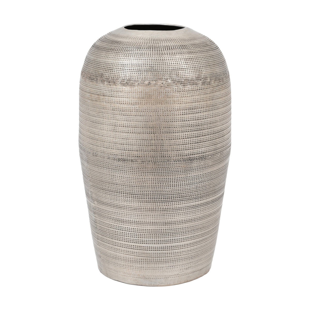 Gallery Direct Zaharvane vase in antique silver aluminium with hammered woven-effect texture, rounded body and short open neck, on a white background.