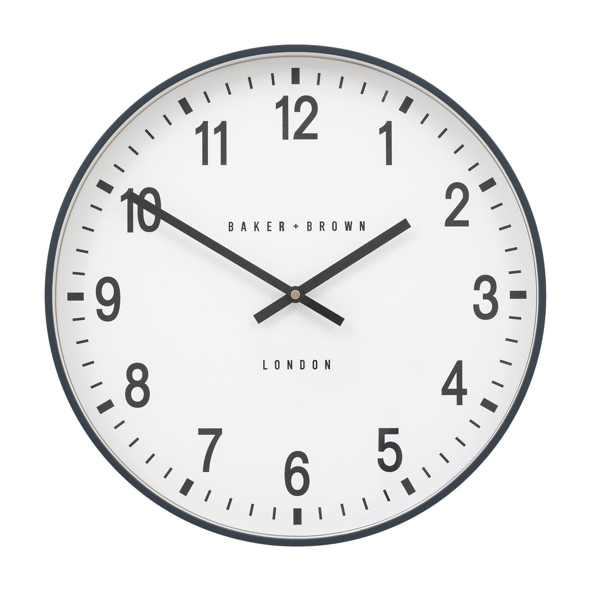 Gallery Direct Camvorne round wall clock with white dial, black Arabic numerals, slim hands and grey rim, shown on a plain white background.
