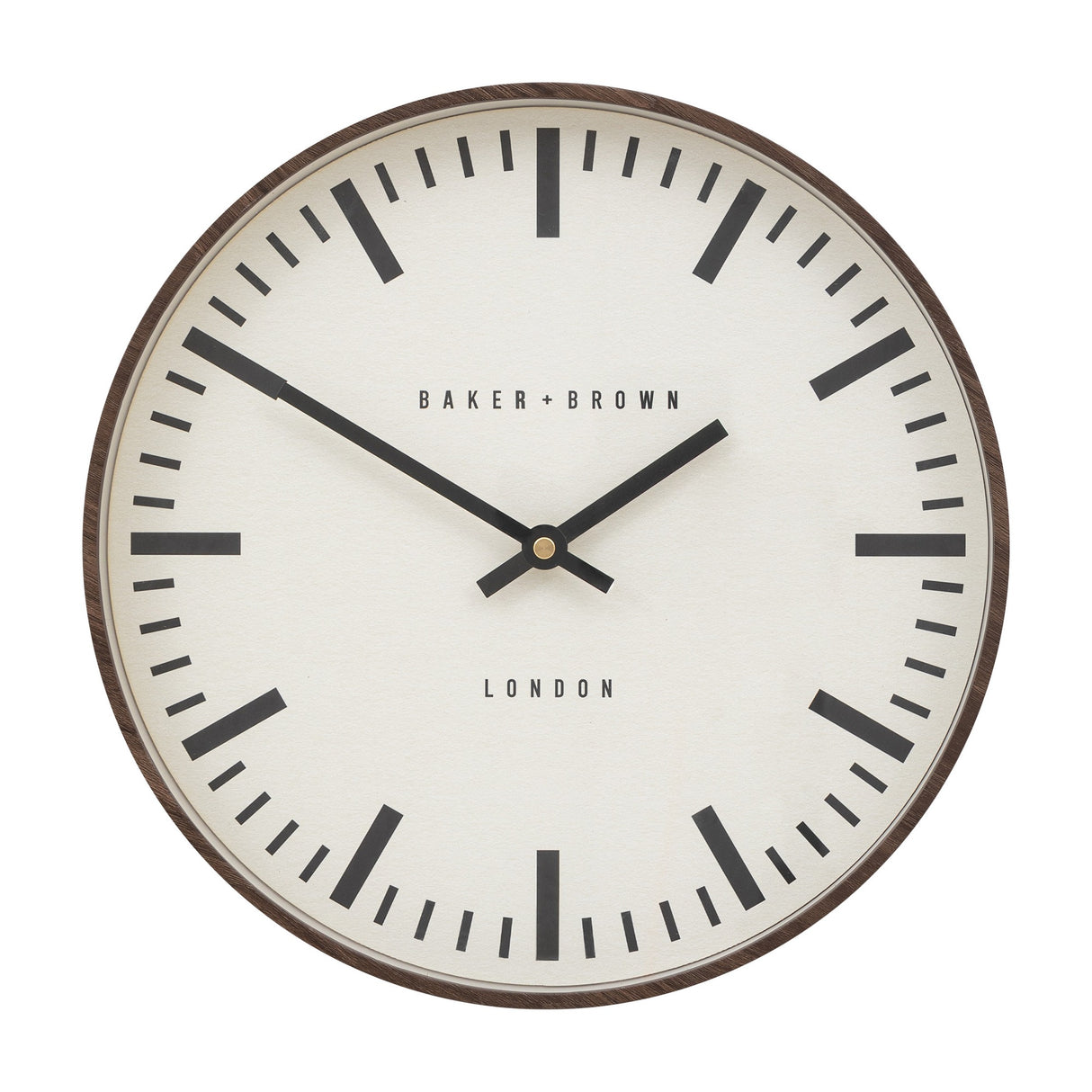 Gallery Direct Clarvenne round wall clock with walnut wood-grain frame, cream dial, black baton markers and slim hands, on a white background.
