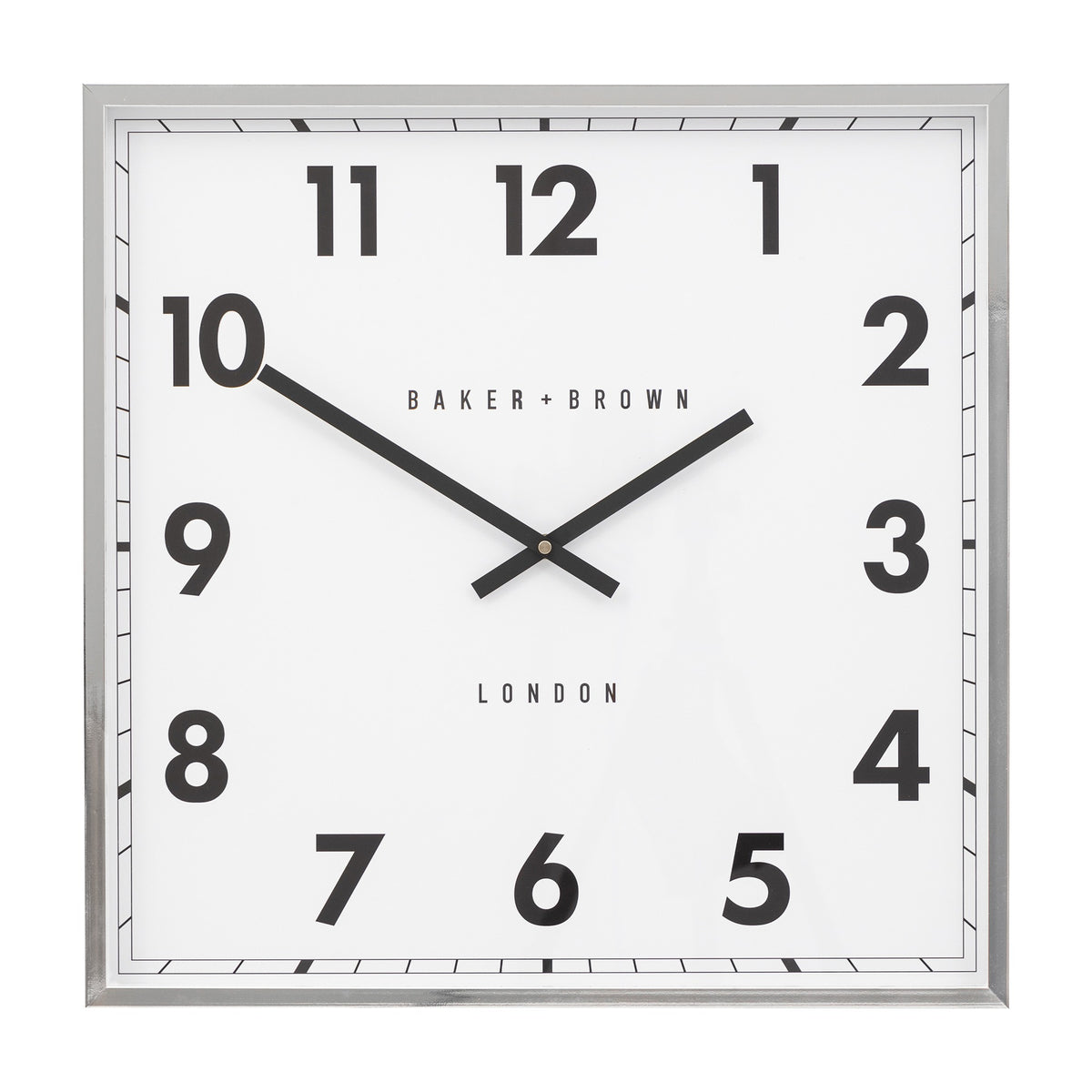Gallery Direct Buxvorne Square Wall Clock with chrome frame, white face, bold black numerals, slim baton hands and Baker + Brown London dial.