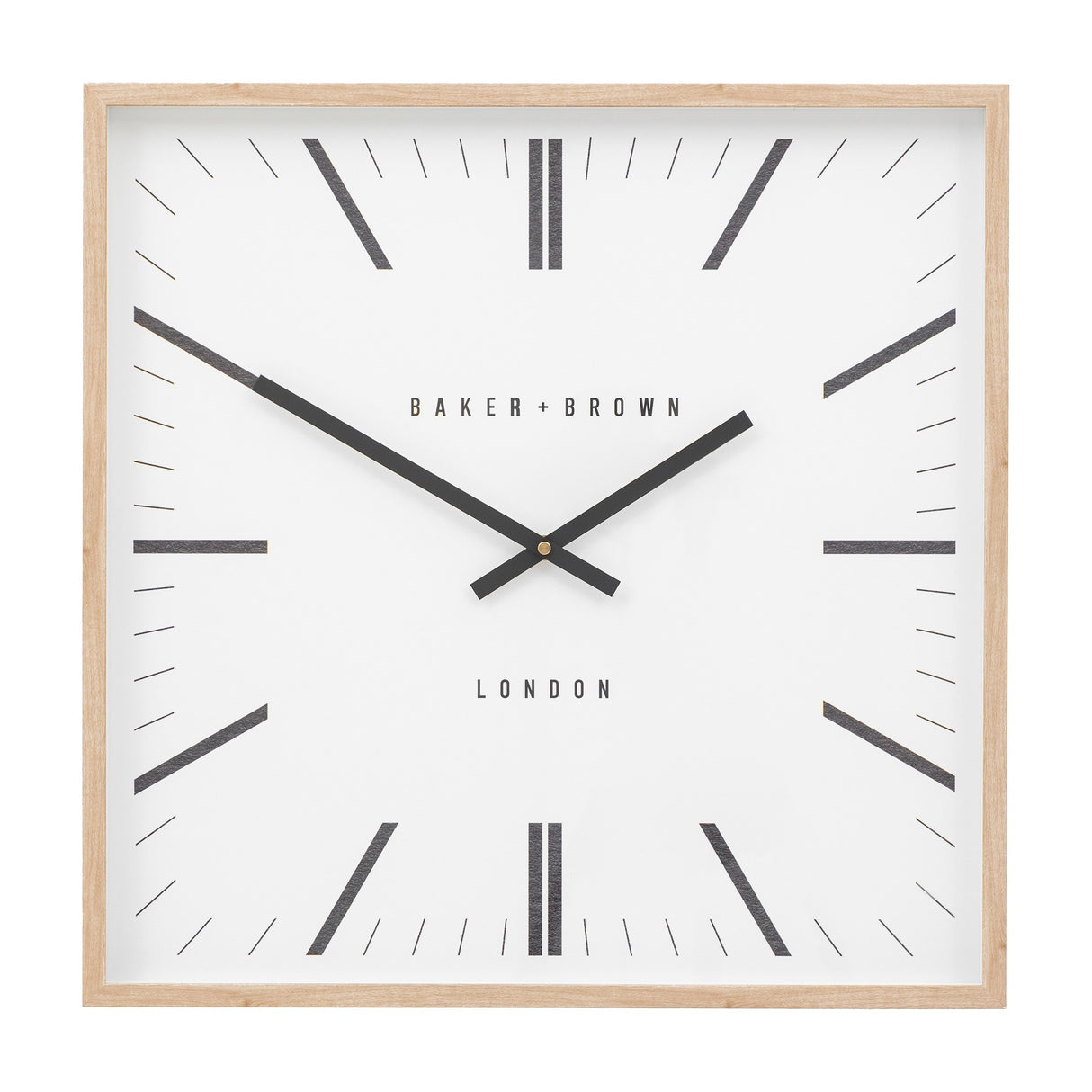 Gallery Direct Penvorne Square Wall Clock with pale oak frame, white dial, black graphic hour markers and BAKER + BROWN LONDON lettering.