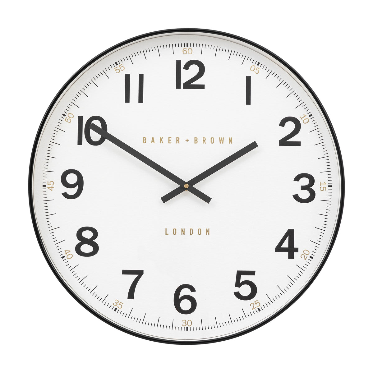 Gallery Direct Whitvelle Wall Clock in black, 50cm round station-style dial with bold Arabic numerals, gold minute markers and slim black hands.