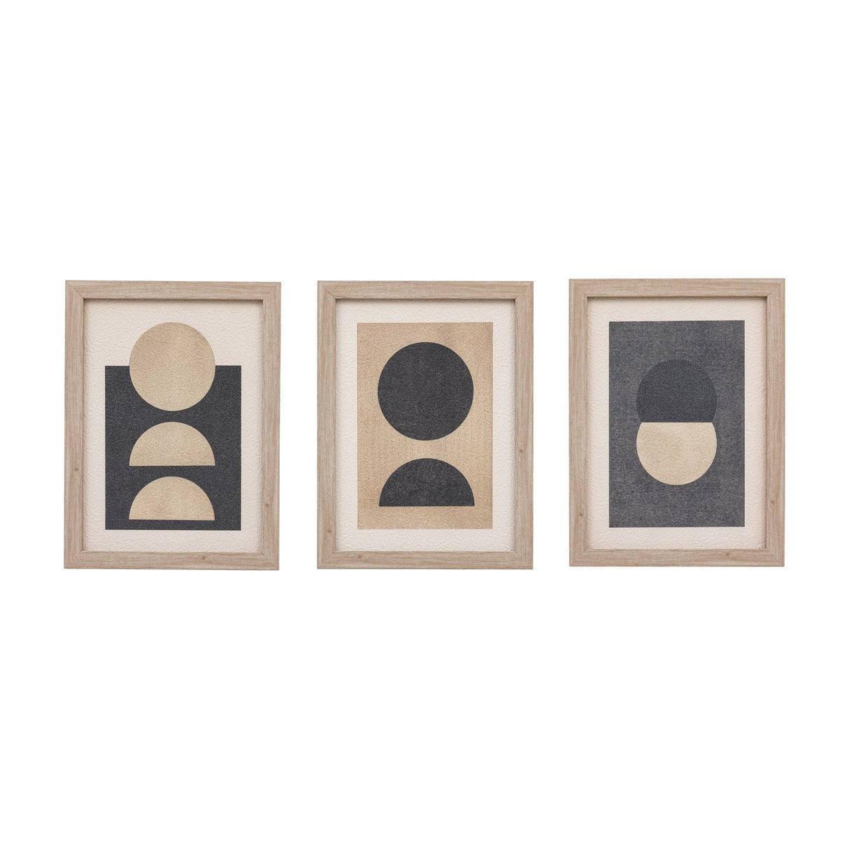 Gallery Direct Symphony Framed Abstract Geometric Art Set of 3 in beige, showing circles and half-moons in black and tan within light wood frames.