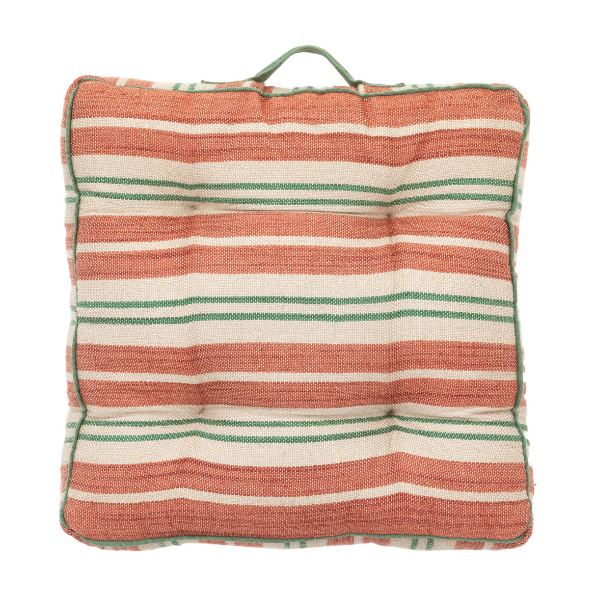 Gallery Direct Sinvane square box floor cushion in apricot, terracotta and cream stripes with green piping and fabric carry handle, on white.