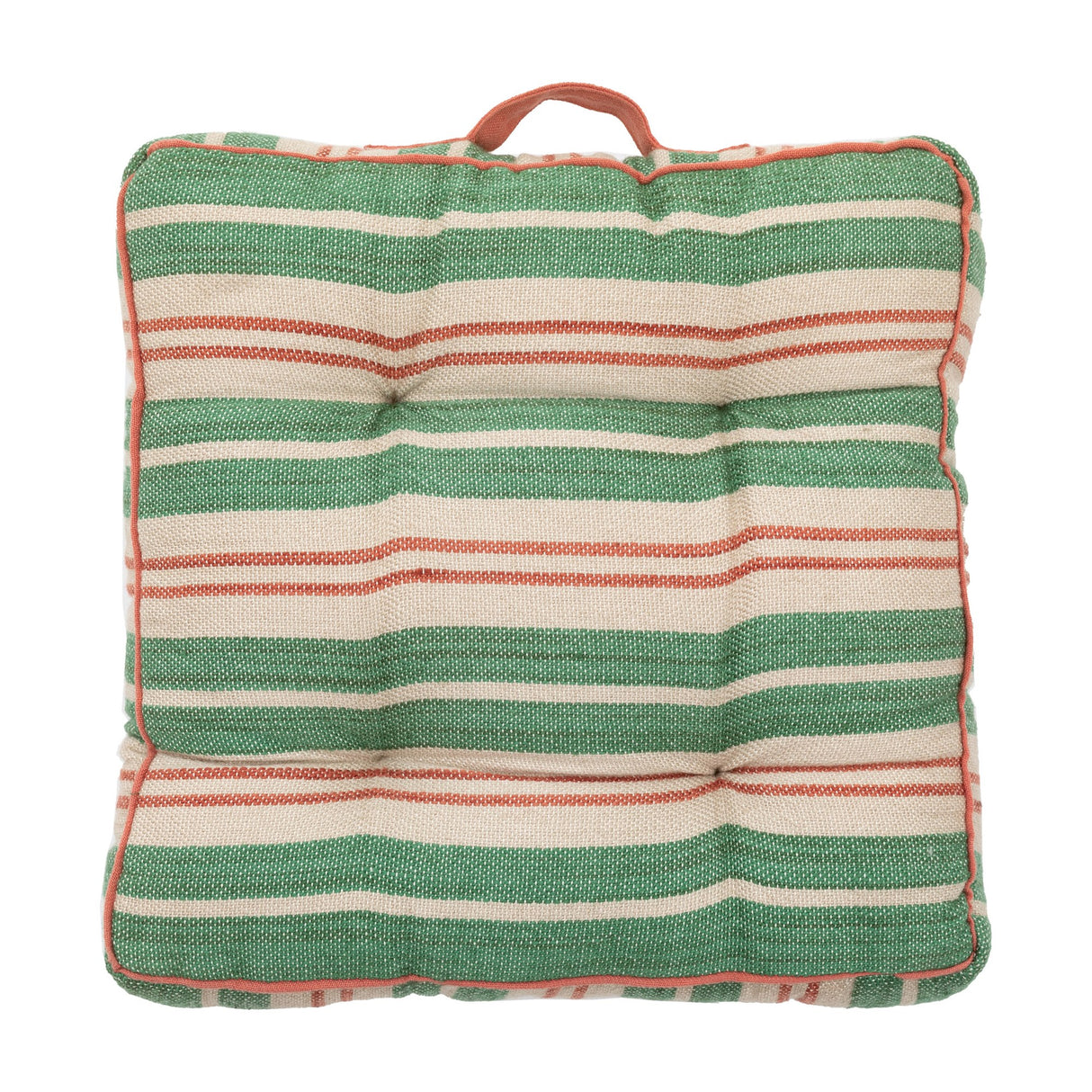 Gallery Direct Sinvane square box floor cushion in green and natural woven stripes with terracotta piping and carry handle, on a white background.