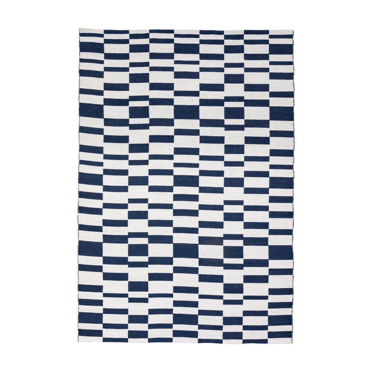 Gallery Direct Kingvane Jacquard Rug in navy blue and off-white, showing a geometric block and square weave, flat on a white background.
