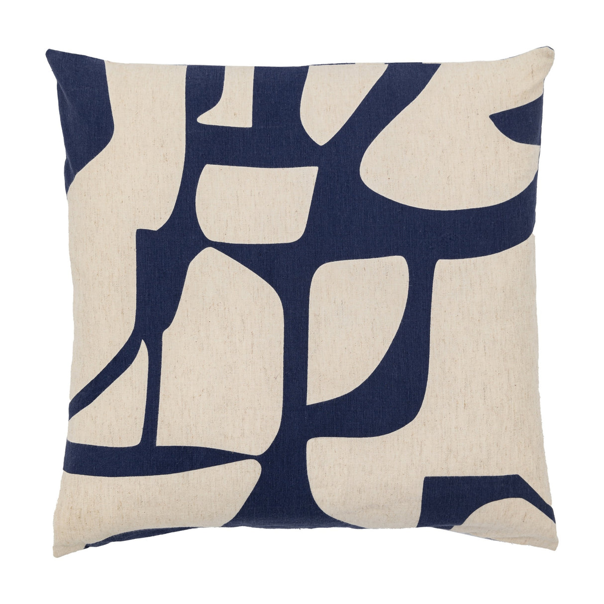 Gallery Direct Skavane Graphic Cushion in Ink, a square cotton-linen cover with a navy abstract cutout print on a natural ground.