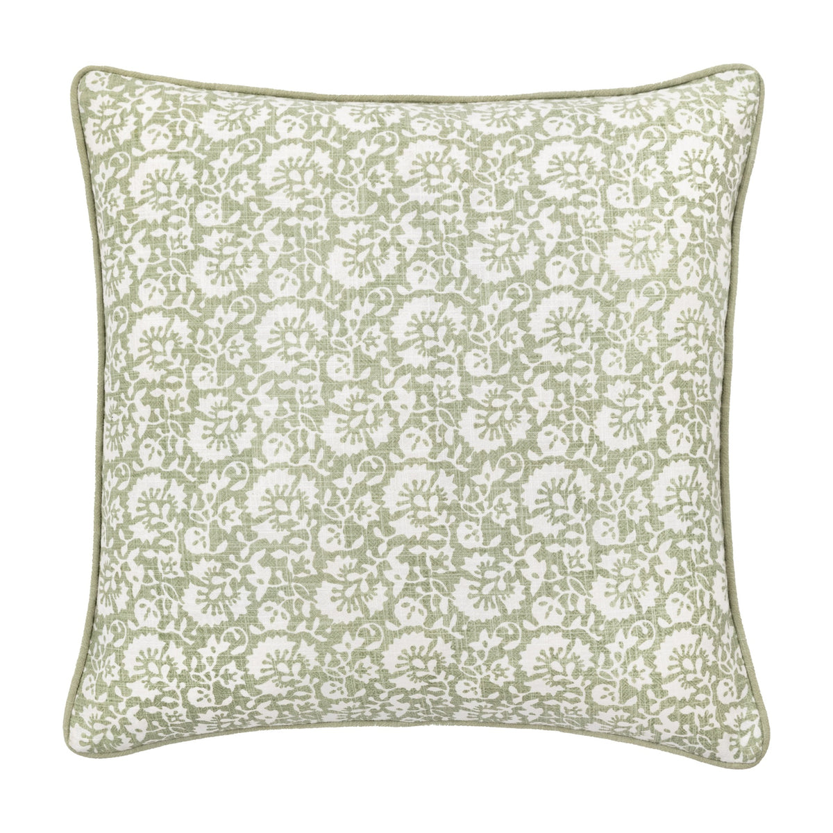 Gallery Direct Morvenne square scatter cushion in sage green cotton with a block-print floral pattern on a pale ground and matching piped edges.