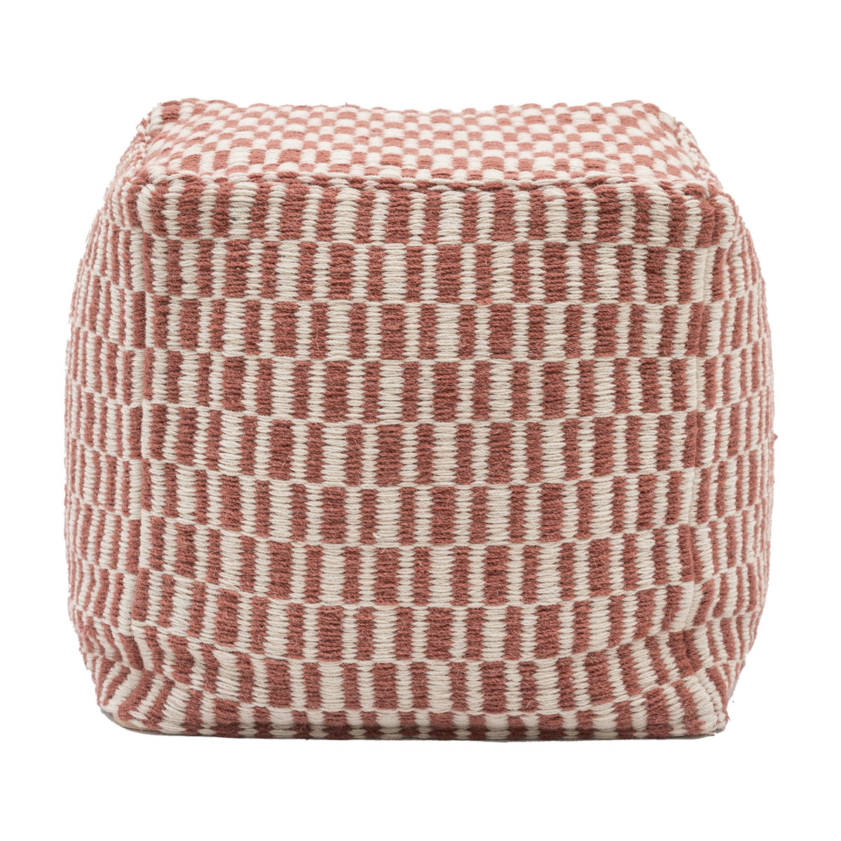 Gallery Direct Rauvane handwoven wool cube pouffe in Nutmeg terracotta pink and cream checkerboard weave, on a plain white background.