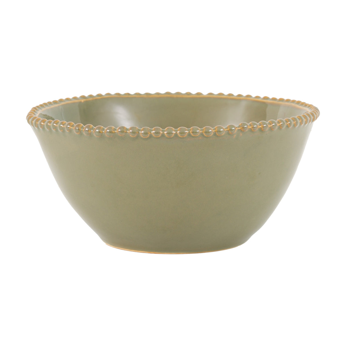 Gallery Direct Organic Beaded olive green glazed porcelain serving bowl with rounded body and raised beaded rim, shown on a plain white background.