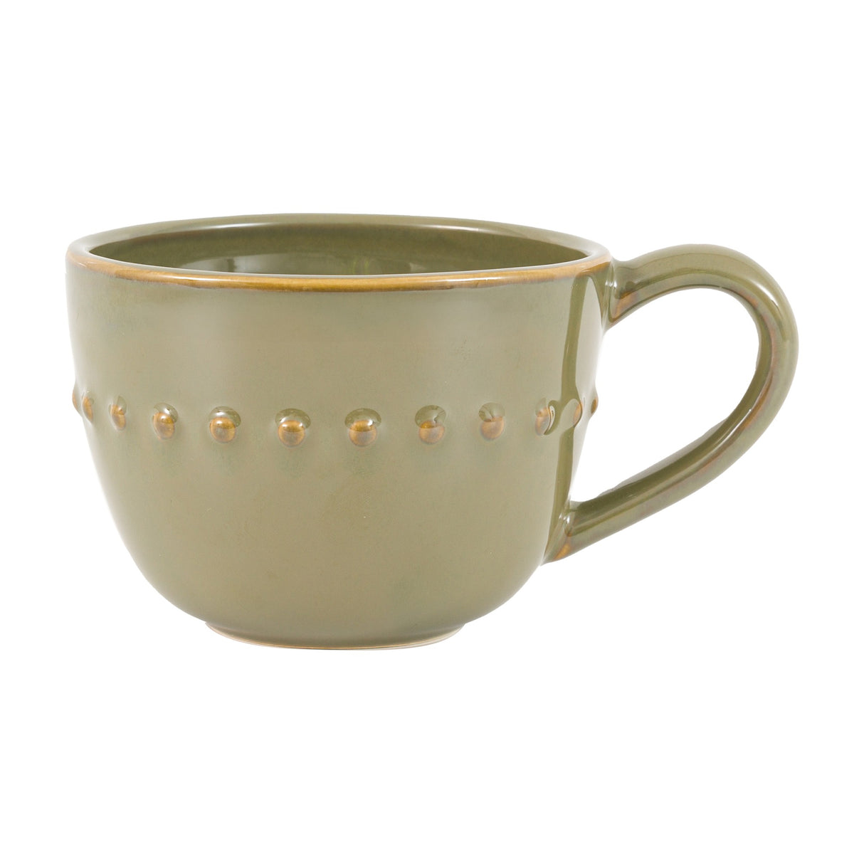Gallery Direct Organic Beaded olive porcelain mug with raised beaded band, loop handle and contrasting amber rim, from the set of 4, on a white background.