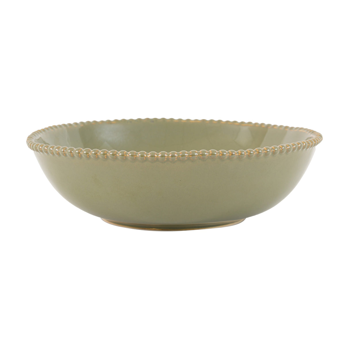 Gallery Direct Organic Beaded Pasta Bowl in olive green porcelain with a raised beaded rim and reactive glaze, shown on a white background.