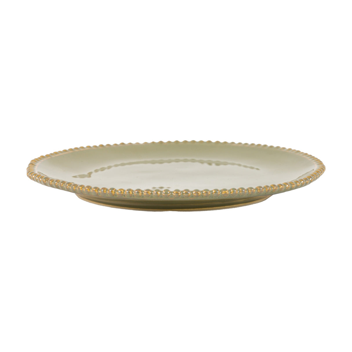 Gallery Direct Organic Beaded Olive side plate in glazed porcelain with a raised beaded rim, shown side-on against a plain white background.