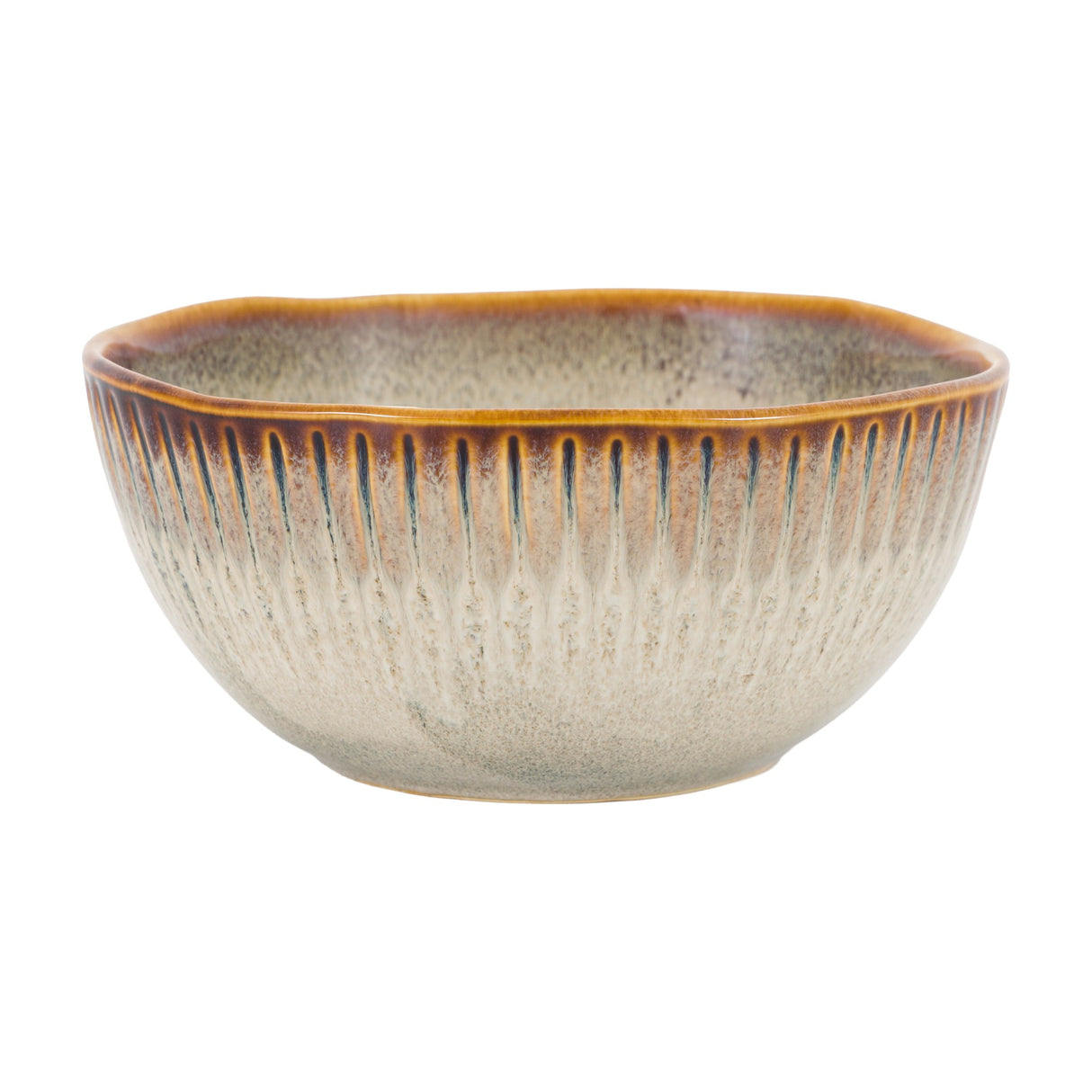 Gallery Direct Organic Ridged Bowl in Stone, a porcelain bowl with ridged exterior and reactive speckled beige glaze pooling darker at the rim.
