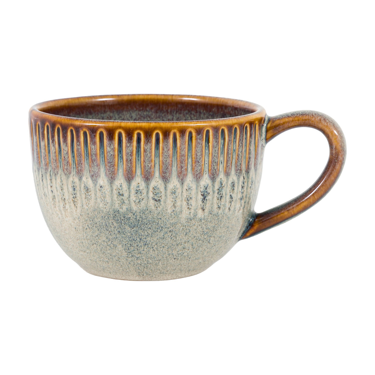 Gallery Direct Organic Ridged Mug in Stone, a porcelain mug with vertical ridges, amber reactive glaze rim and speckled neutral body, on a white background.
