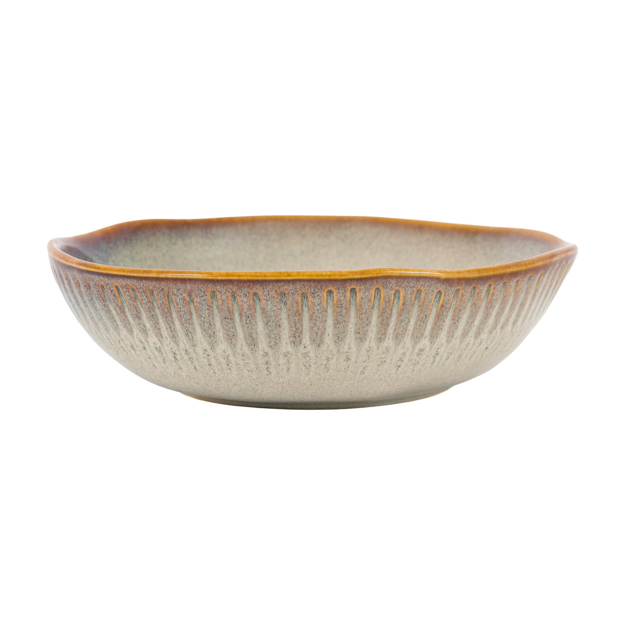 Gallery Direct Organic Ridged Pasta Bowl in Stone, a porcelain bowl with vertical ridges, amber rim and speckled neutral glaze, on a white background.