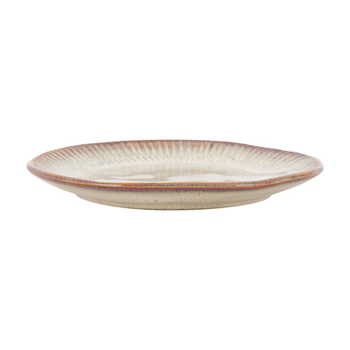 Gallery Direct Organic Ridged Side Plate in Stone, a porcelain plate with fan-like ridges and rust-toned rim, shown side-on against a white background.