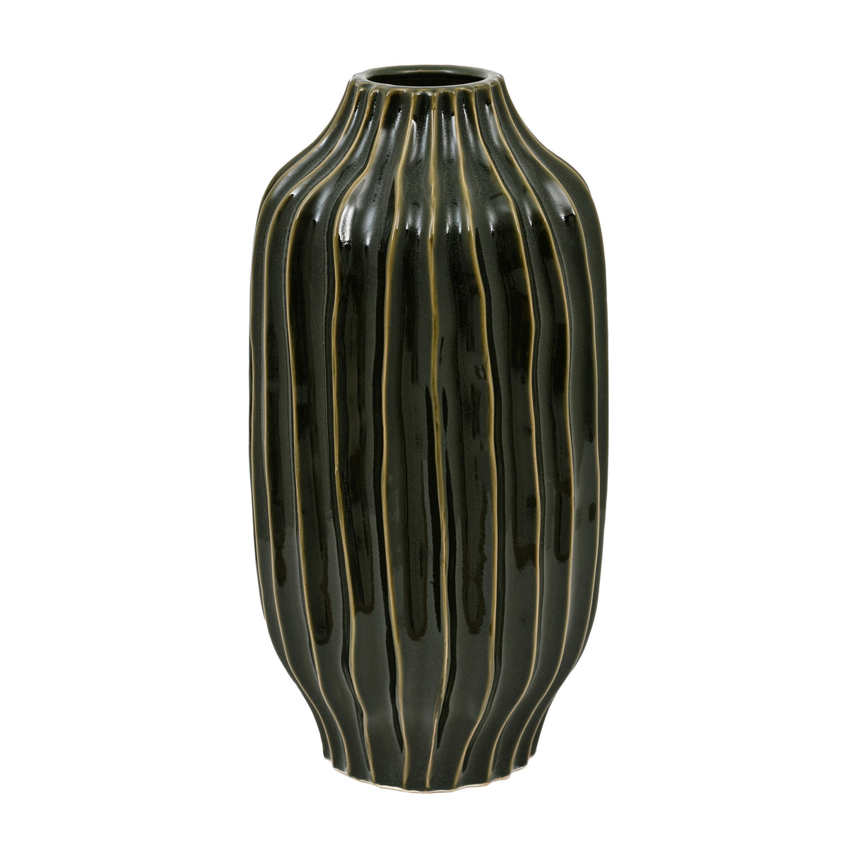 Gallery Direct Organic Ribbed Ceramic Vase in olive green with a rounded bottle shape, narrow neck and deep vertical ribbing, on a white background.