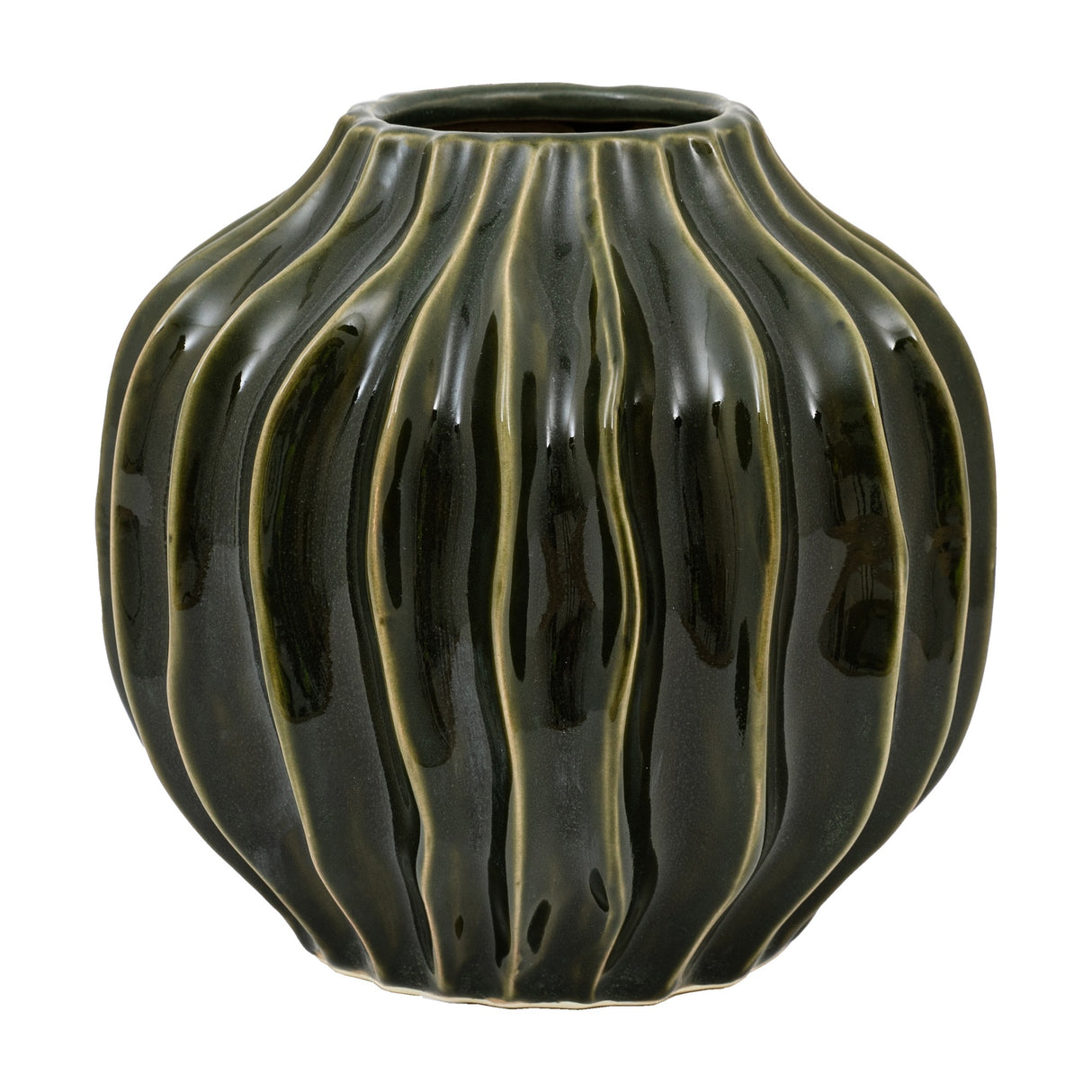 Gallery Direct Organic Ribbed Ceramic Vase in olive green with a rounded bottle shape, deep vertical ribbing and glazed sheen, on a plain white background.