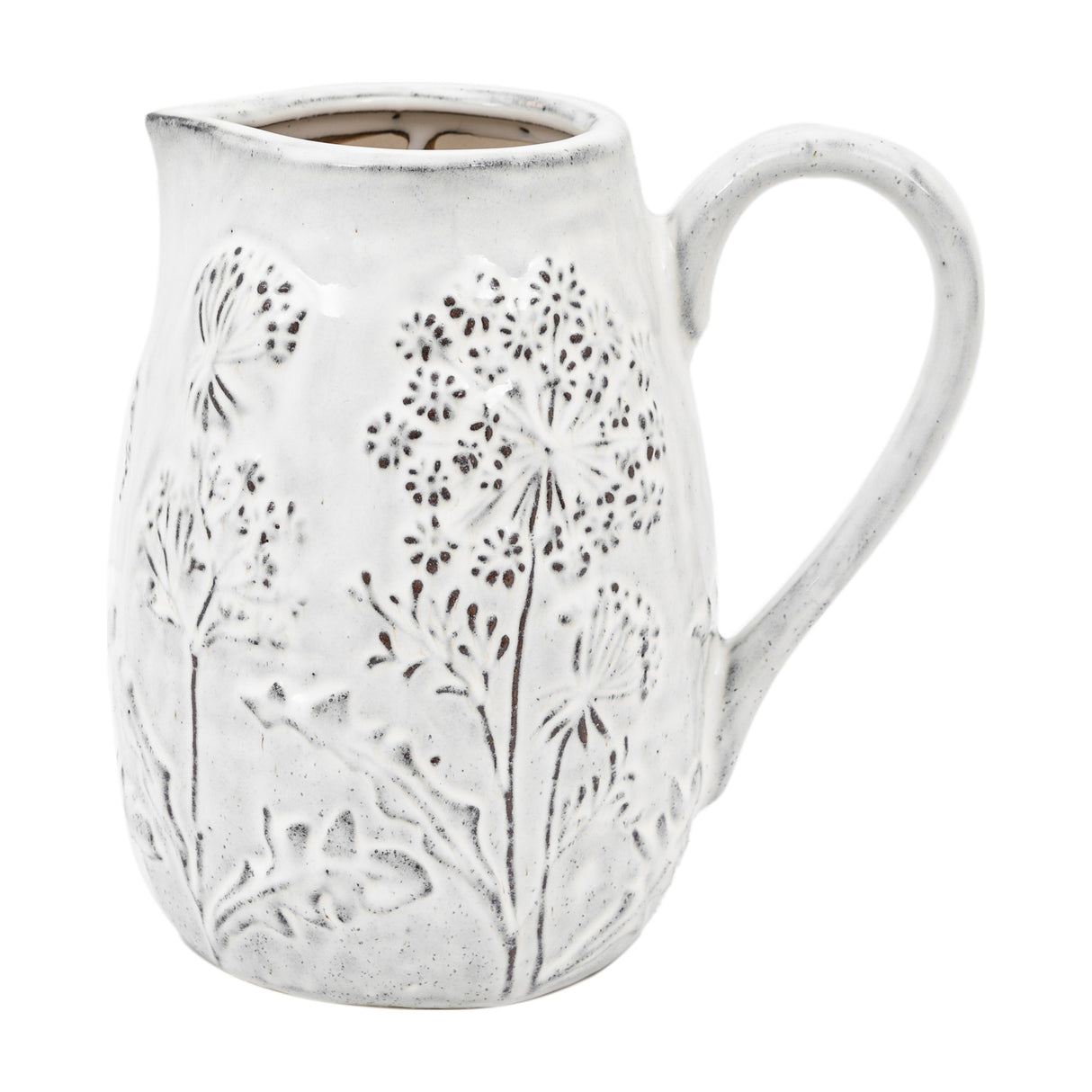 Gallery Direct Meadow Embossed Ceramic Jug in stone with raised wild meadow flower and stem relief, curved handle and shaped pouring lip on a white background.