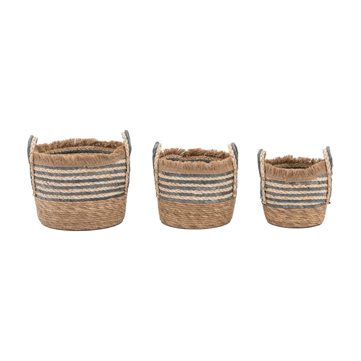 Gallery Direct Fringed Woven Storage Baskets Set of 3 in Ink and Natural, nesting hyacinth baskets with grey stripes, fringed rims and rope handles.