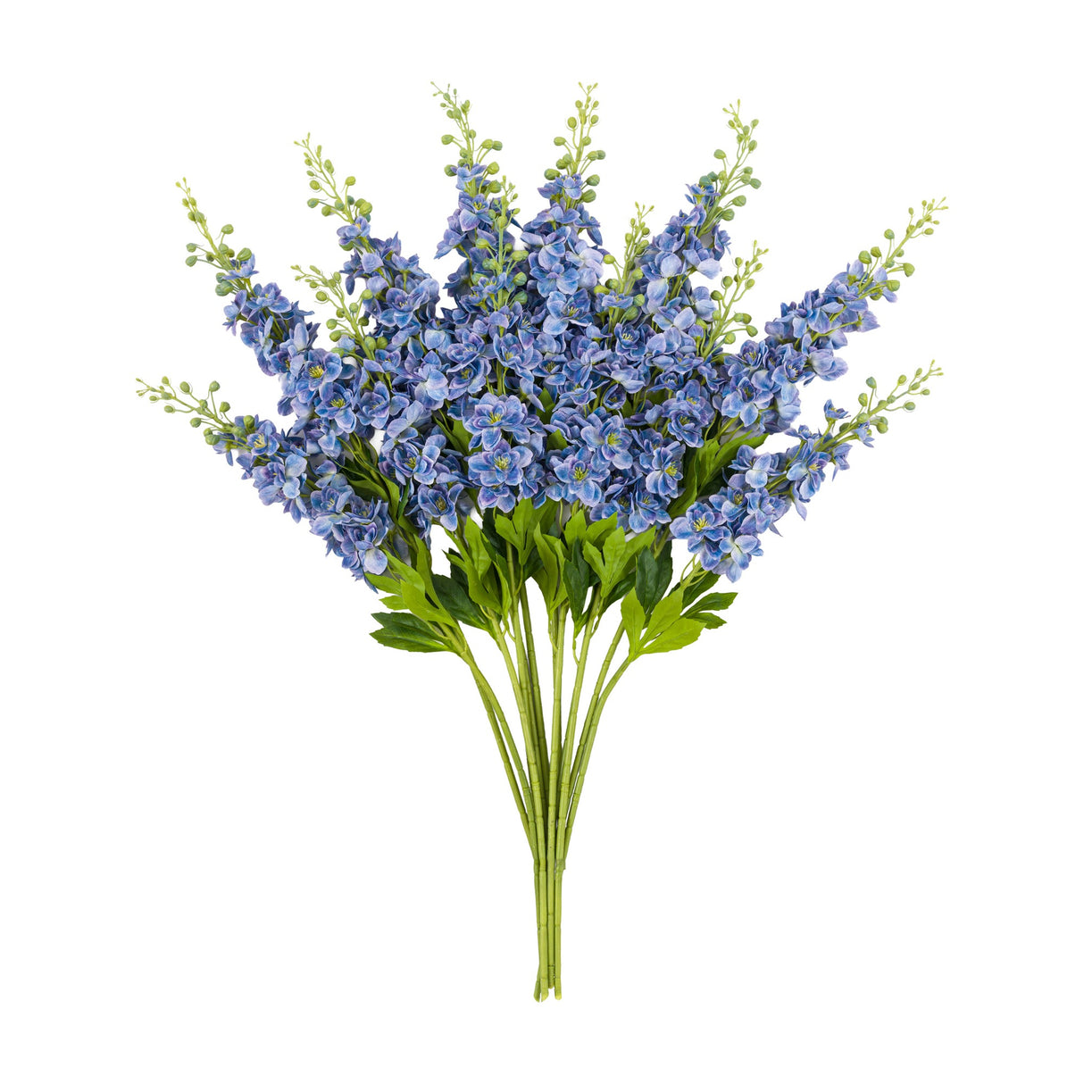 Gallery Direct Artificial Hollyhock Floral Stems Set of 12 in blue, with tall spire-shaped PE blooms, green buds and foliage on a plain white background.