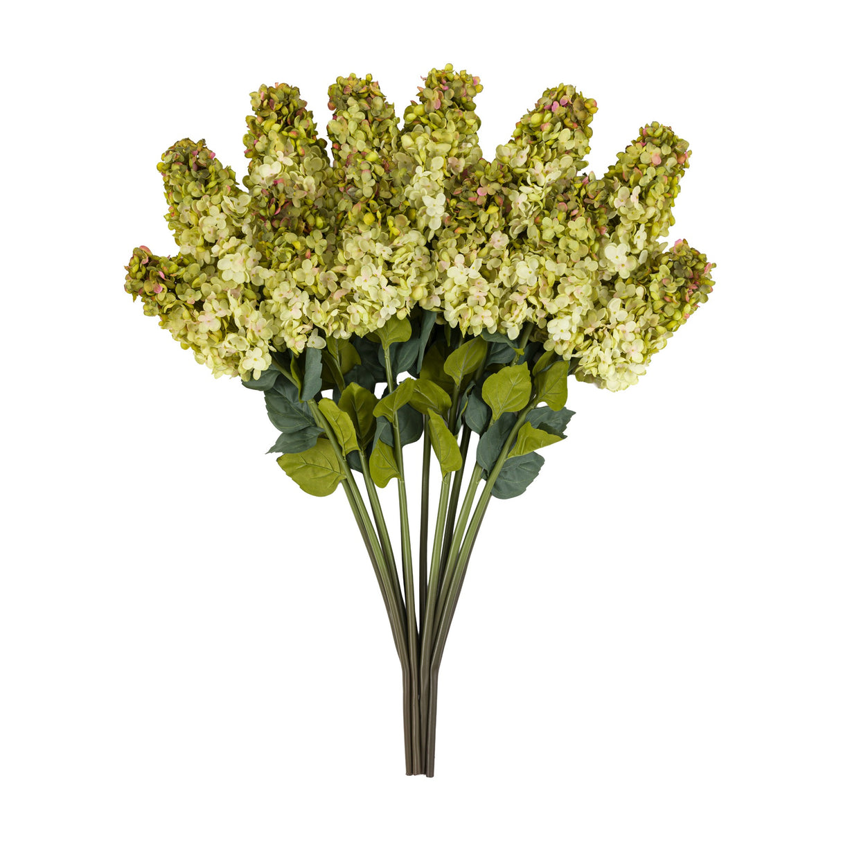 Gallery Direct Artificial Vintage Cone Hydrangea Stems Set of 12 in white with green-toned tapered florets and foliage on wired stems, on a white background.