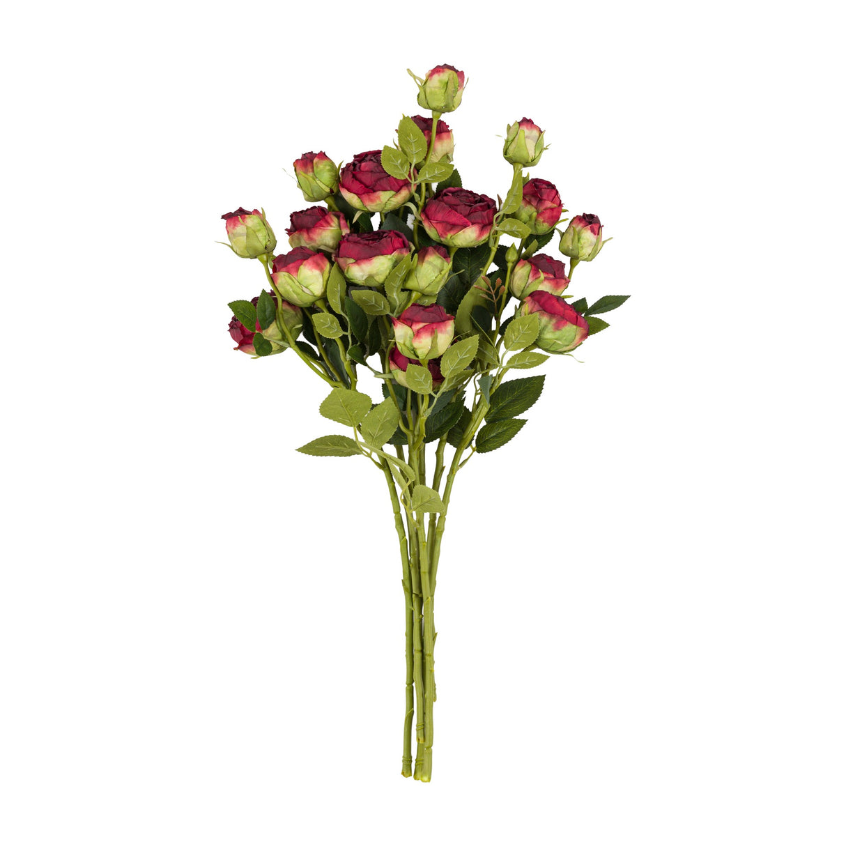 Gallery Direct Artificial Vintage Rose Stems Set of 6 in red, showing bundled fabric roses with blooms, buds and green foliage on a white background.