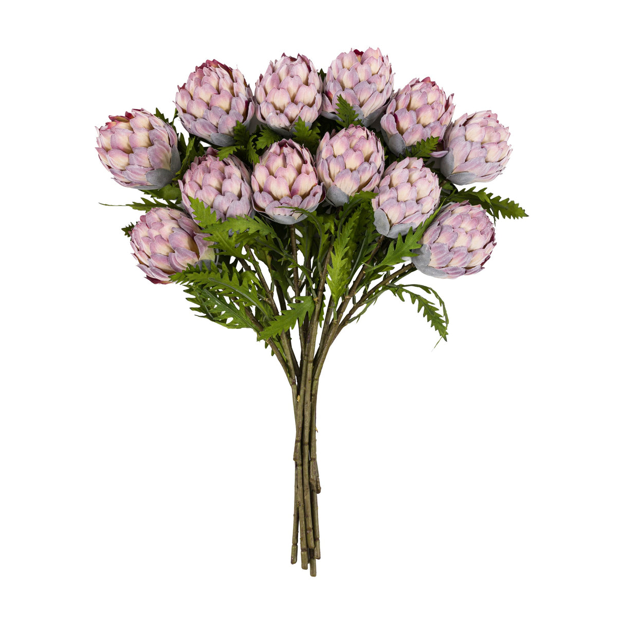 Gallery Direct Artificial Protea Bunch of 12 faux stems in lilac with rounded fabric flower heads and feathered green foliage on a white background.