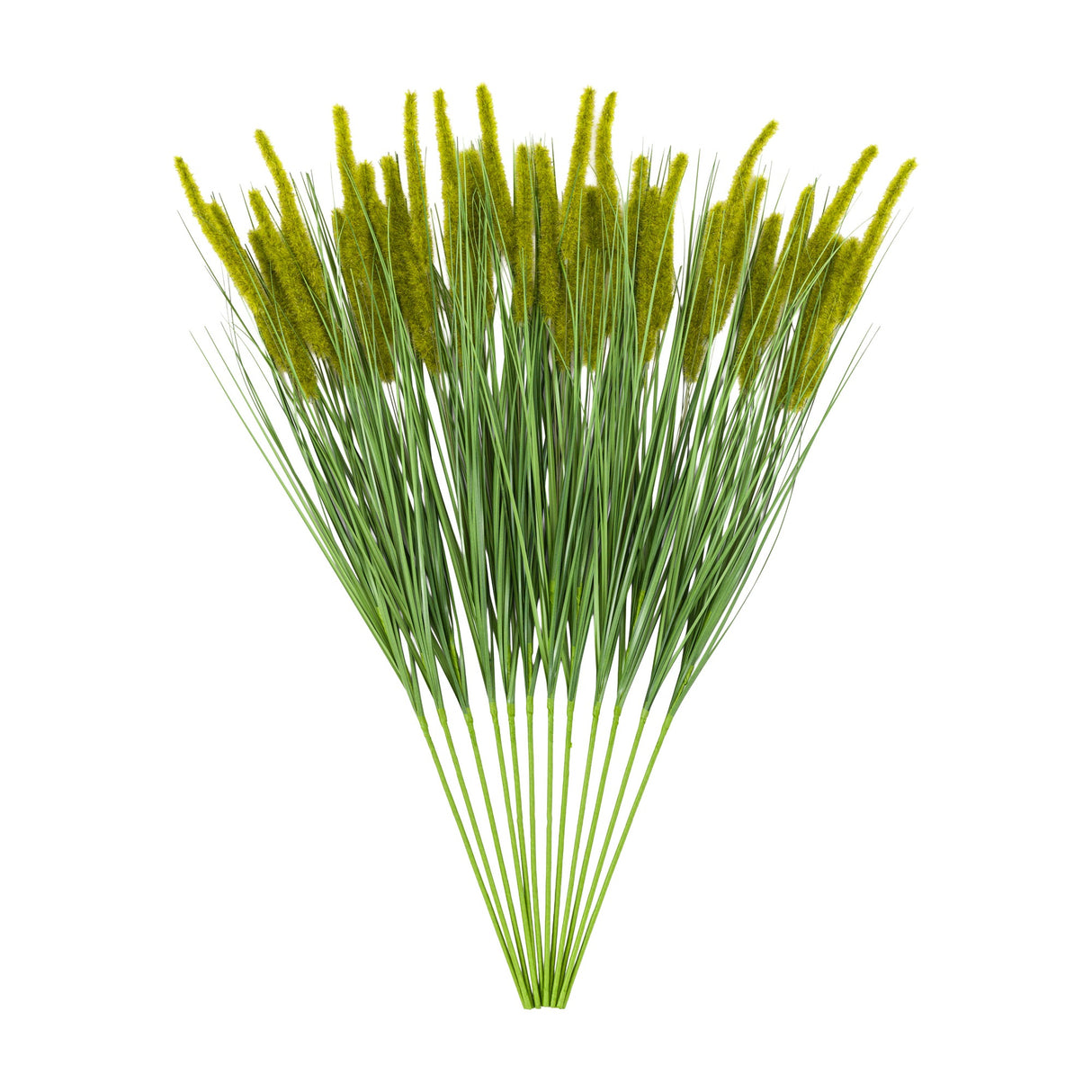 Gallery Direct Artificial Grass Stems with Seed Heads Set of 12 in green, tall faux stems with fluffy seed heads on slim blades, on a white background.