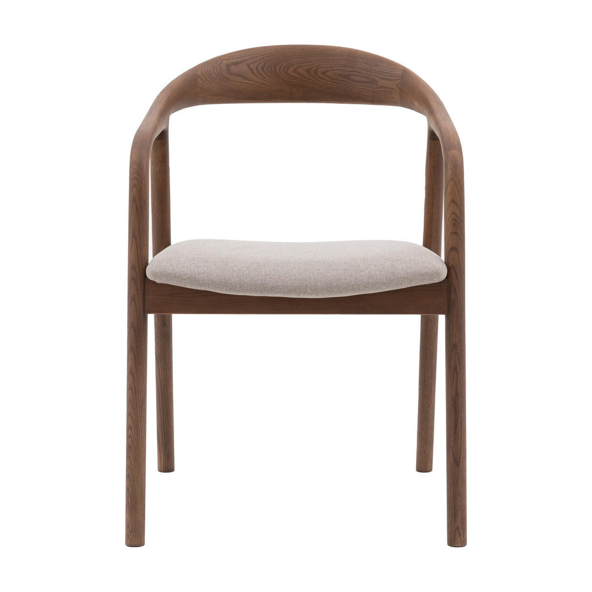 Gallery Direct Madrelle Dining Chair with curved ash arm rail in walnut finish and neutral fabric seat pad, shown on a white background.