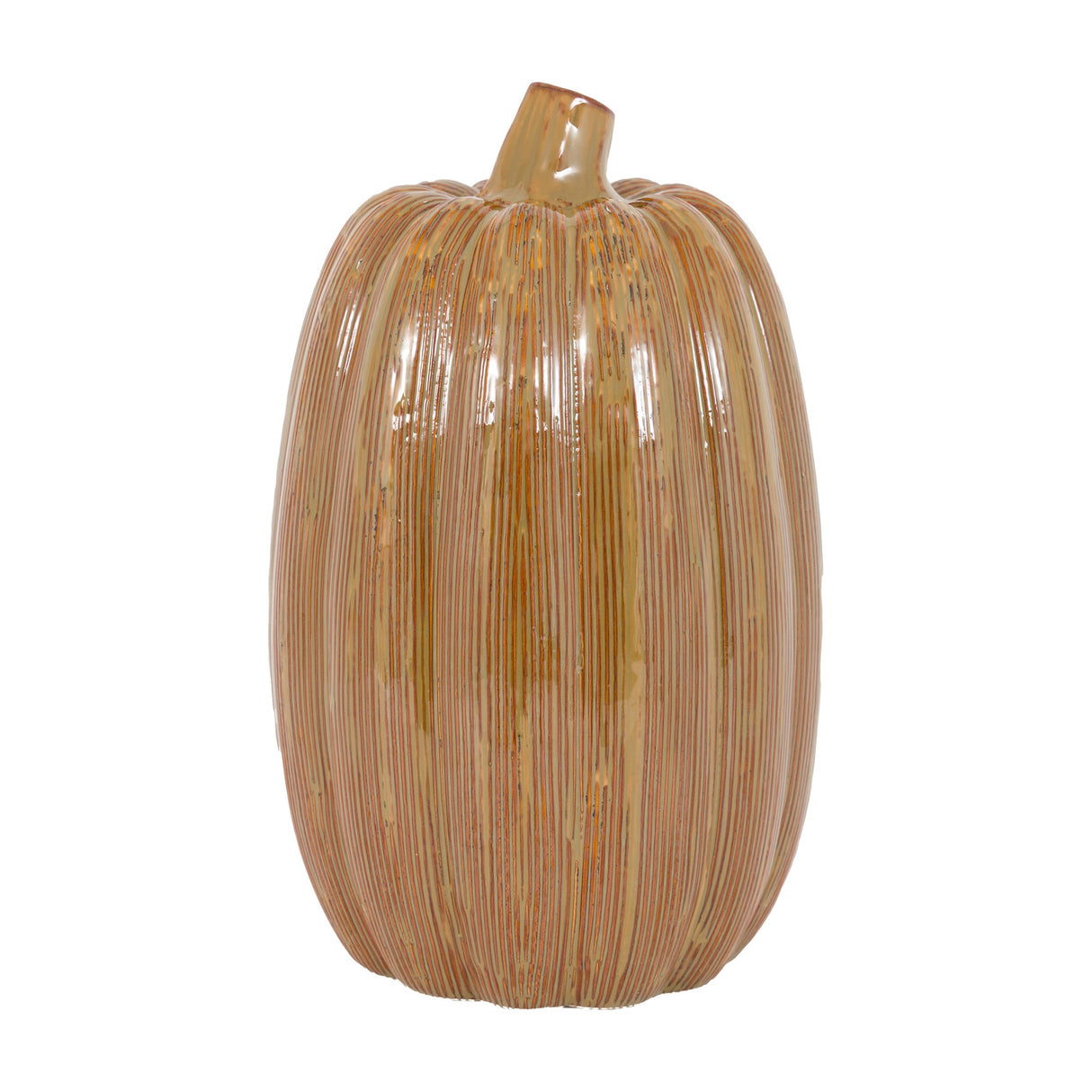 Tall ribbed ceramic pumpkin ornament by Gallery Direct in rust with glossy glazed vertical striping and short stalk, shown on a plain white background.