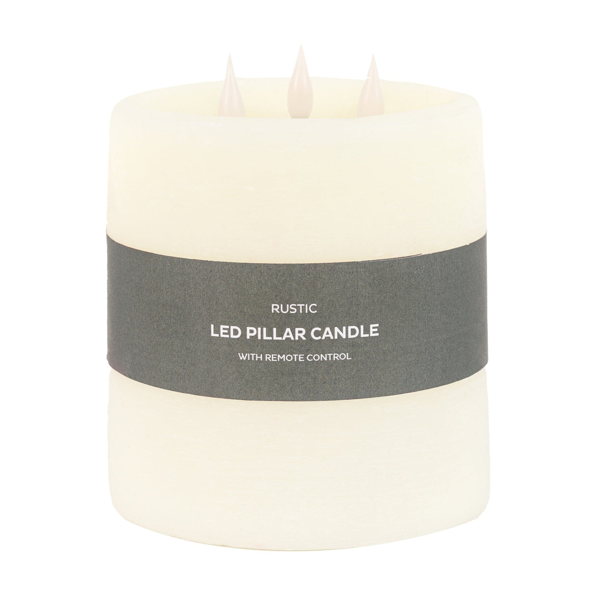 Gallery Direct Rustic LED Pillar Candle in ivory, a chunky three wick flameless candle with flickering LED flames and grey label, on a white background.