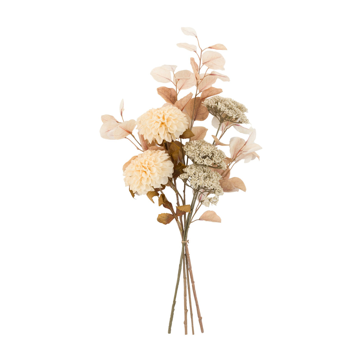 Gallery Direct Artificial Dahlia Autumnal Bouquet in Natural with cream pom-pom dahlias, filler flowers and blush foliage on bendable stems.