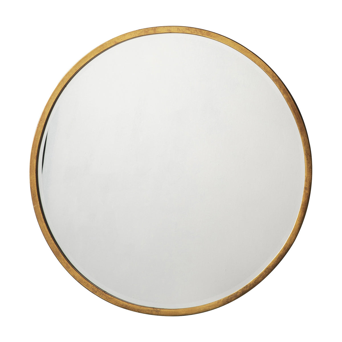 Gallery Direct Amvelle round wall mirror with slim antique gold metal frame and bevelled glass edge, shown on a plain white background.