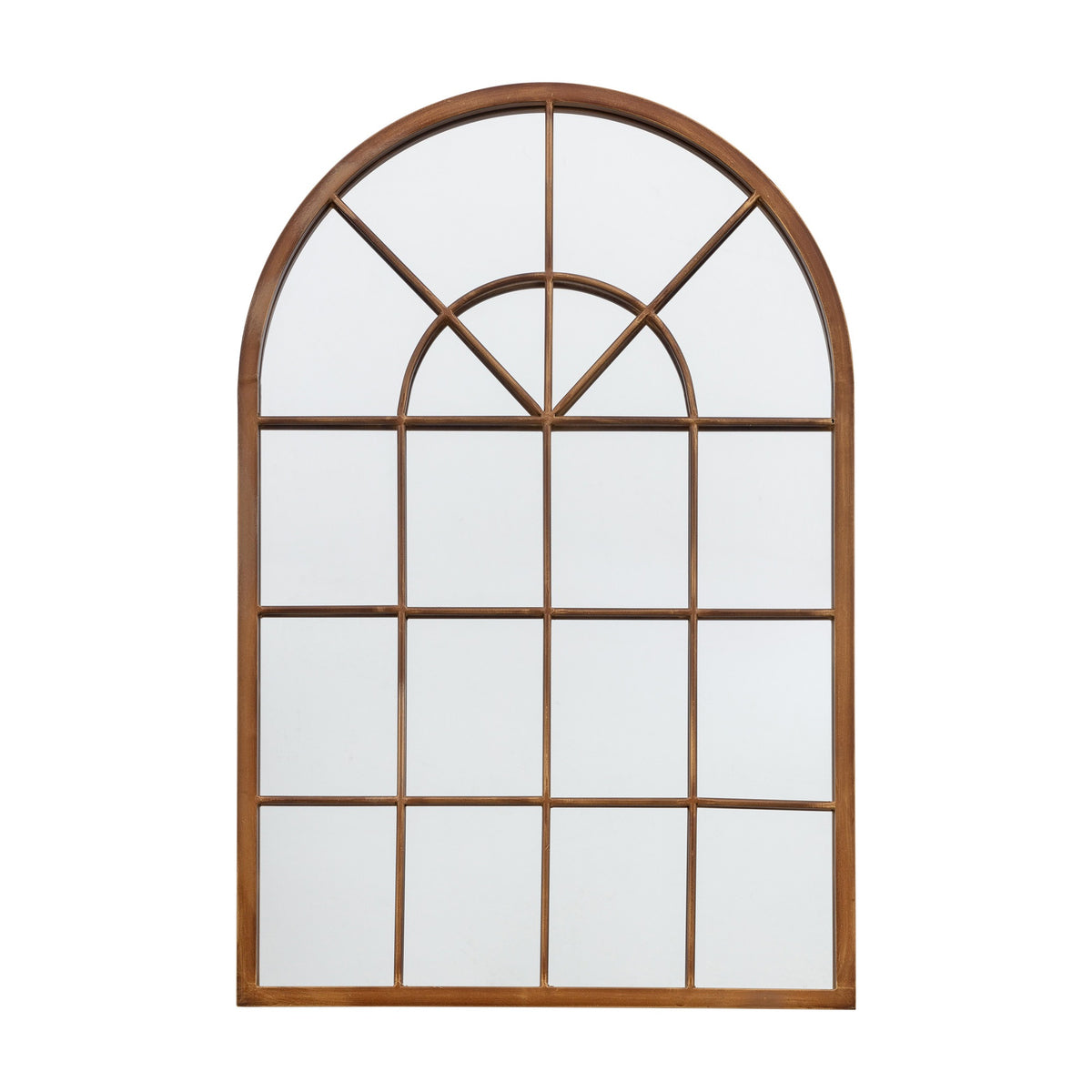 Gallery Direct Sorane Arched Window Mirror in bronze, with fanned top panes and rectangular grid below in an aged metal frame, on a white background.