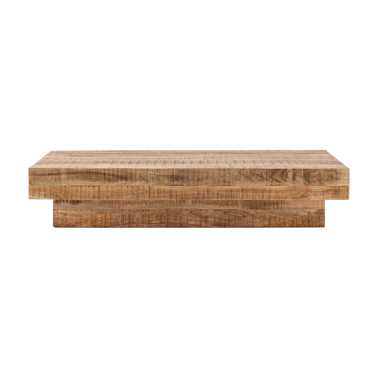 Gallery Direct Iovane rectangular coffee table in natural mango wood with a thick sawn-grain top and plinth base, shown on a white background.
