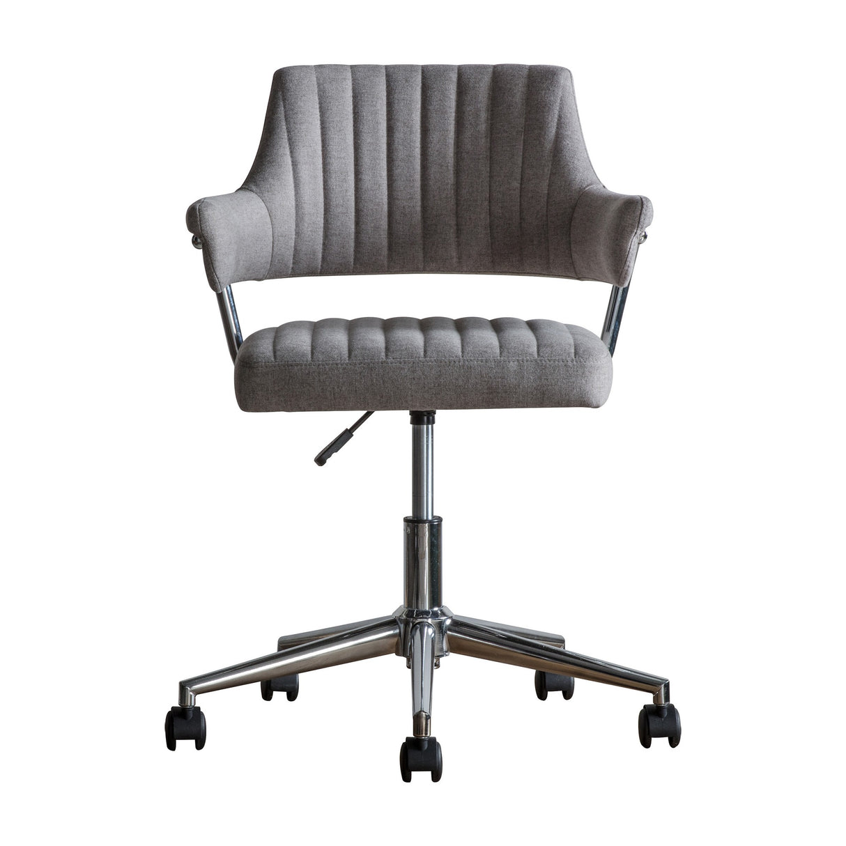 Gallery Direct Macvenne Swivel Office Chair in grey channel-stitched fabric with curved chrome arms and five-star castor base, on a white background.