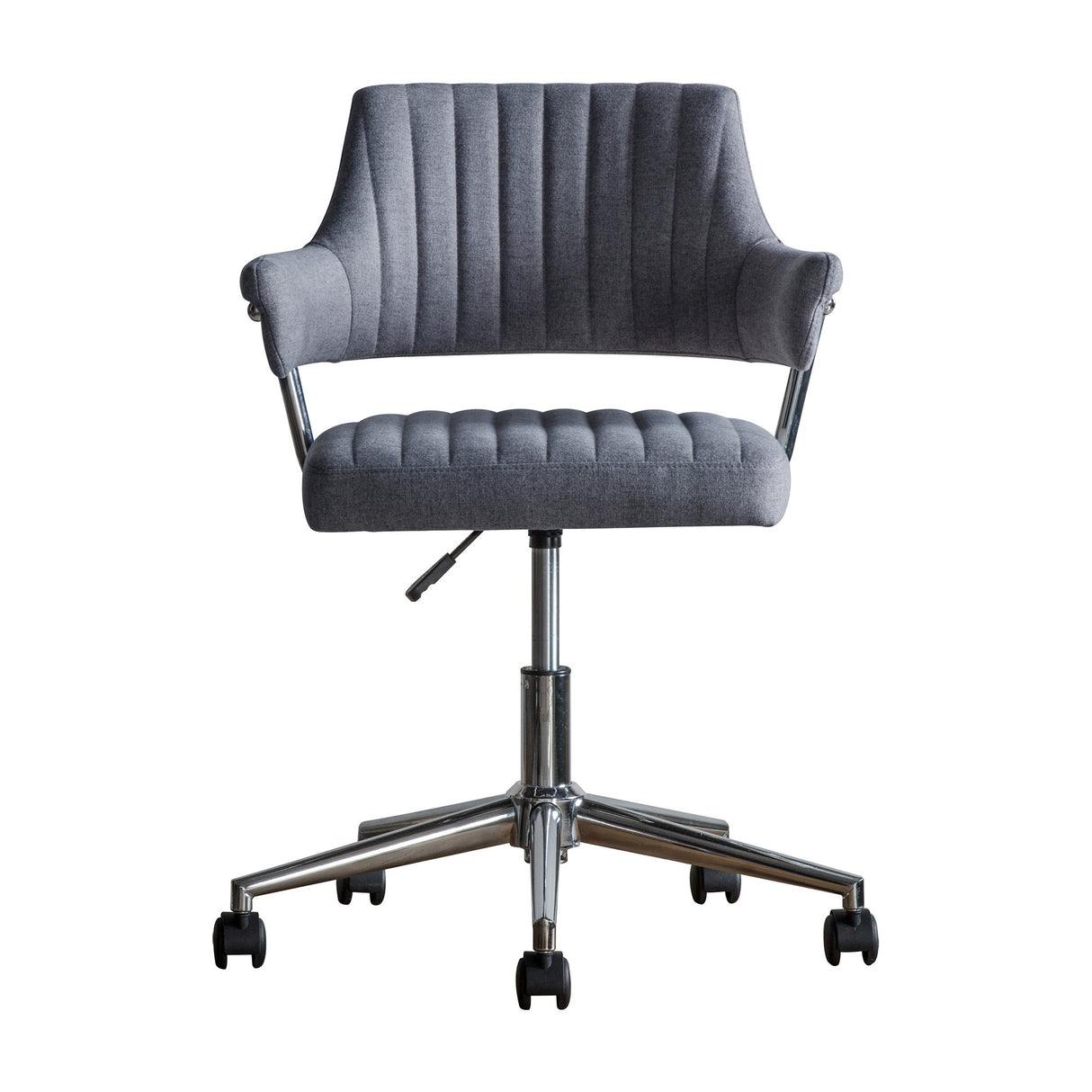 Gallery Direct Macvenne Swivel Office Chair in grey channel-stitched fabric with curved arms, chrome frame and five-star castor base, on a white background.