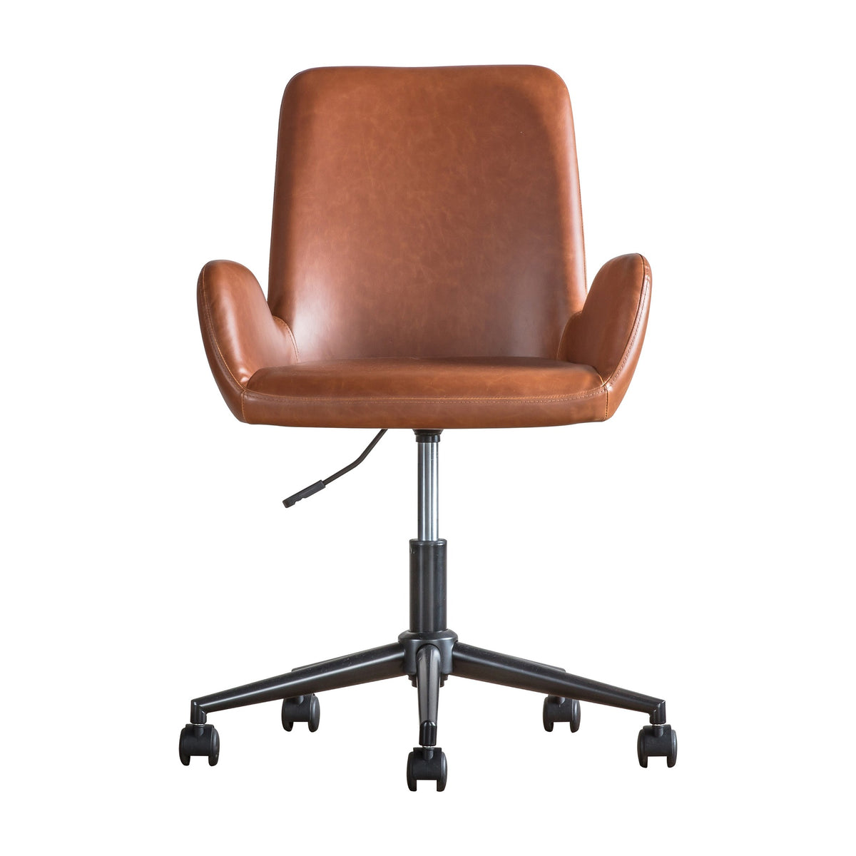 Gallery Direct Farvane Swivel Office Chair in tan PU faux leather with curved bucket seat, padded arms and black five-star castor base.