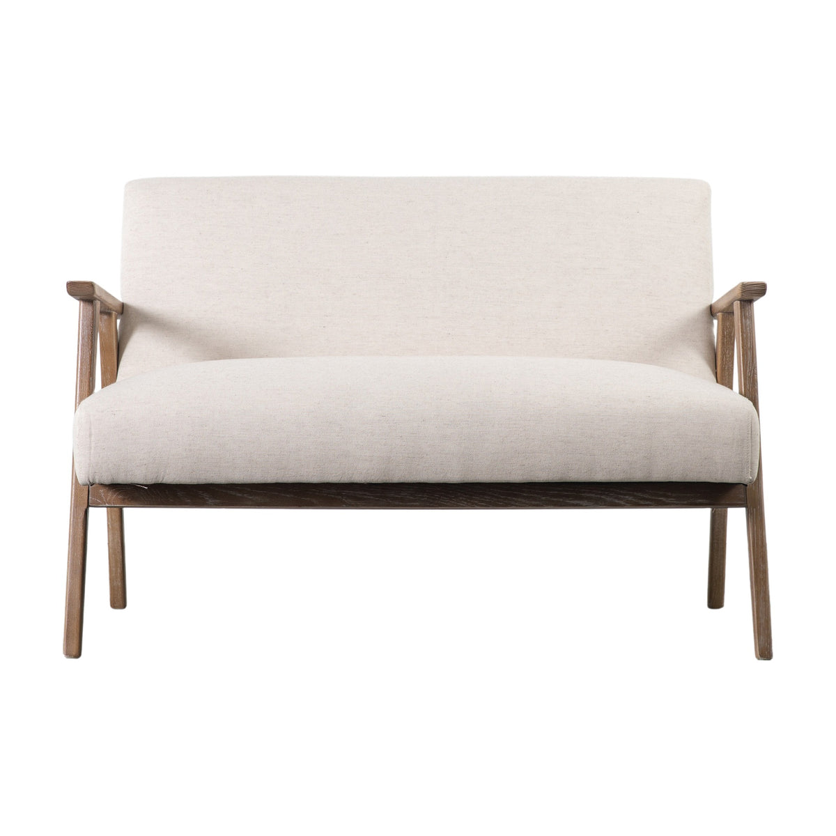 Gallery Direct Neyvane 2 Seater Sofa in natural linen upholstery with a limed ash frame, exposed wooden arms and splayed legs, on a white background.