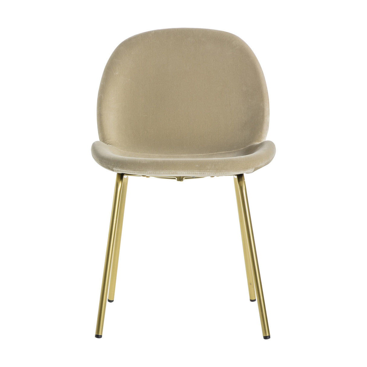 Gallery Direct Flanvane oatmeal velvet dining chair with curved shell back, scooped seat and slim tapered gold-tone legs on a white background.